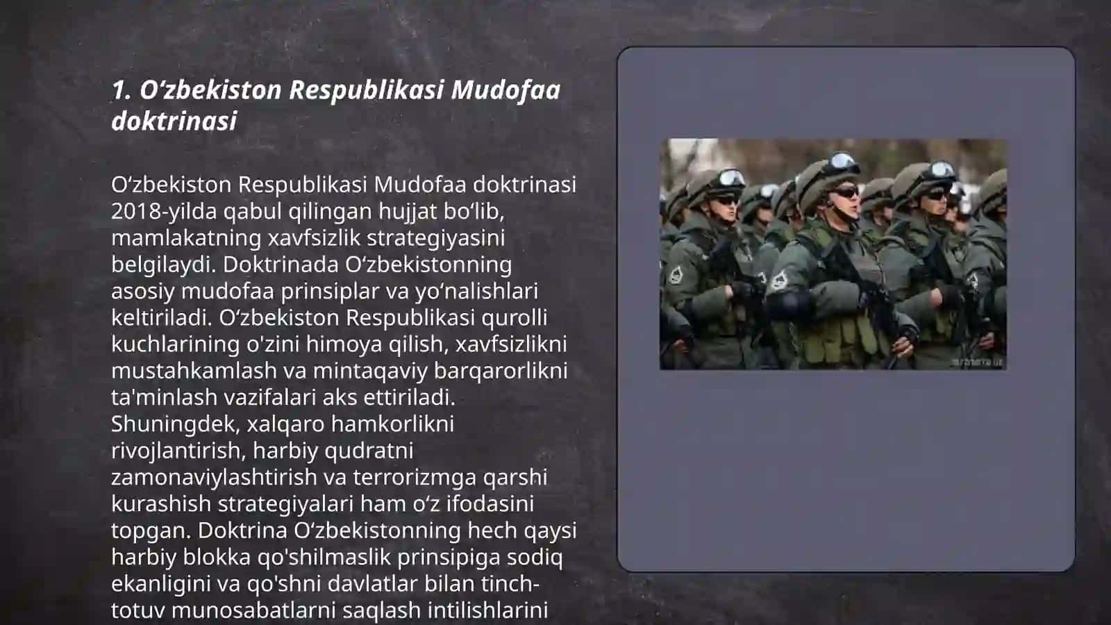 Oʻzbekiston respublikasida va yangi qoʻshin turlarining tashkil etilishi Oʻzbekiston Respublikasi mudofaa doktirasining qabul qilinishi 3