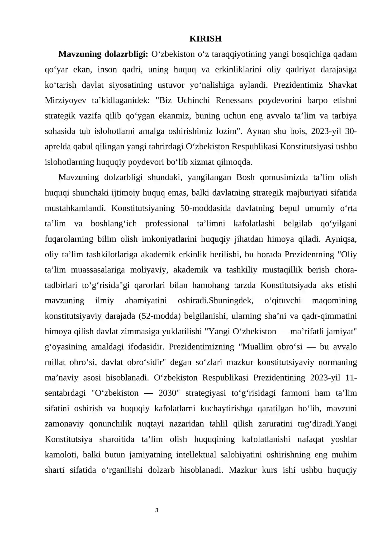 Yangi tahrirdagi Konstitutsiyada ta’lim olish huquqi va uning kafolatlari kurs ishi 3