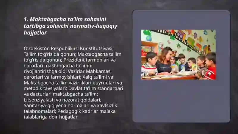 Maktabgacha taʼlim muassasasida pedagogik jarayonni tashkil etishga oʻzgaruvchan yondashuvlarning meyoriy - huquqiy asoslari 3