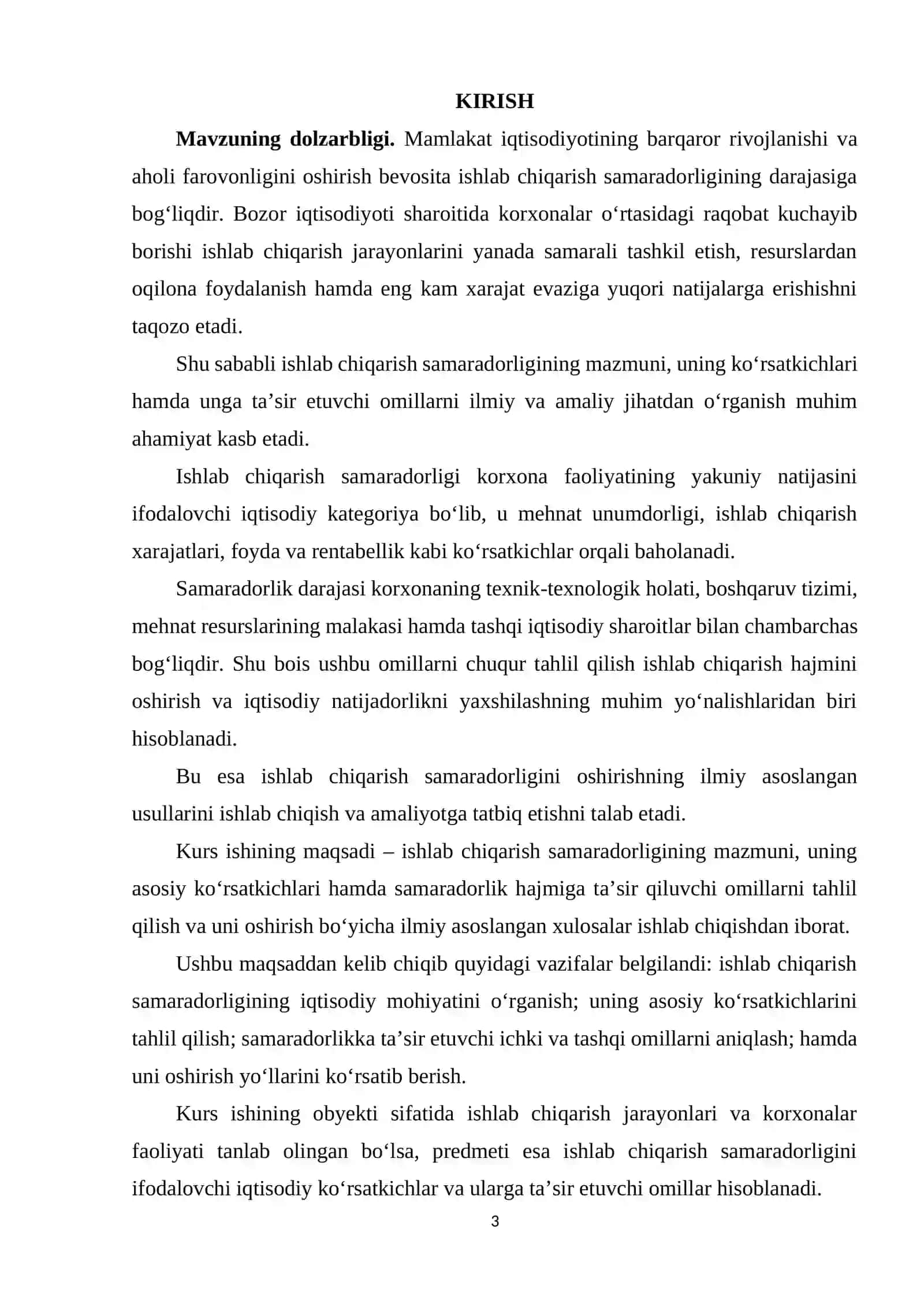 ISHLAB CHIQARISH SAMARADORLIGINING MAZMUNI, KO‘RSATKICHLARI VA UNING HAJMIGA TA’SIR QILUVCHI OMILLAR. 3