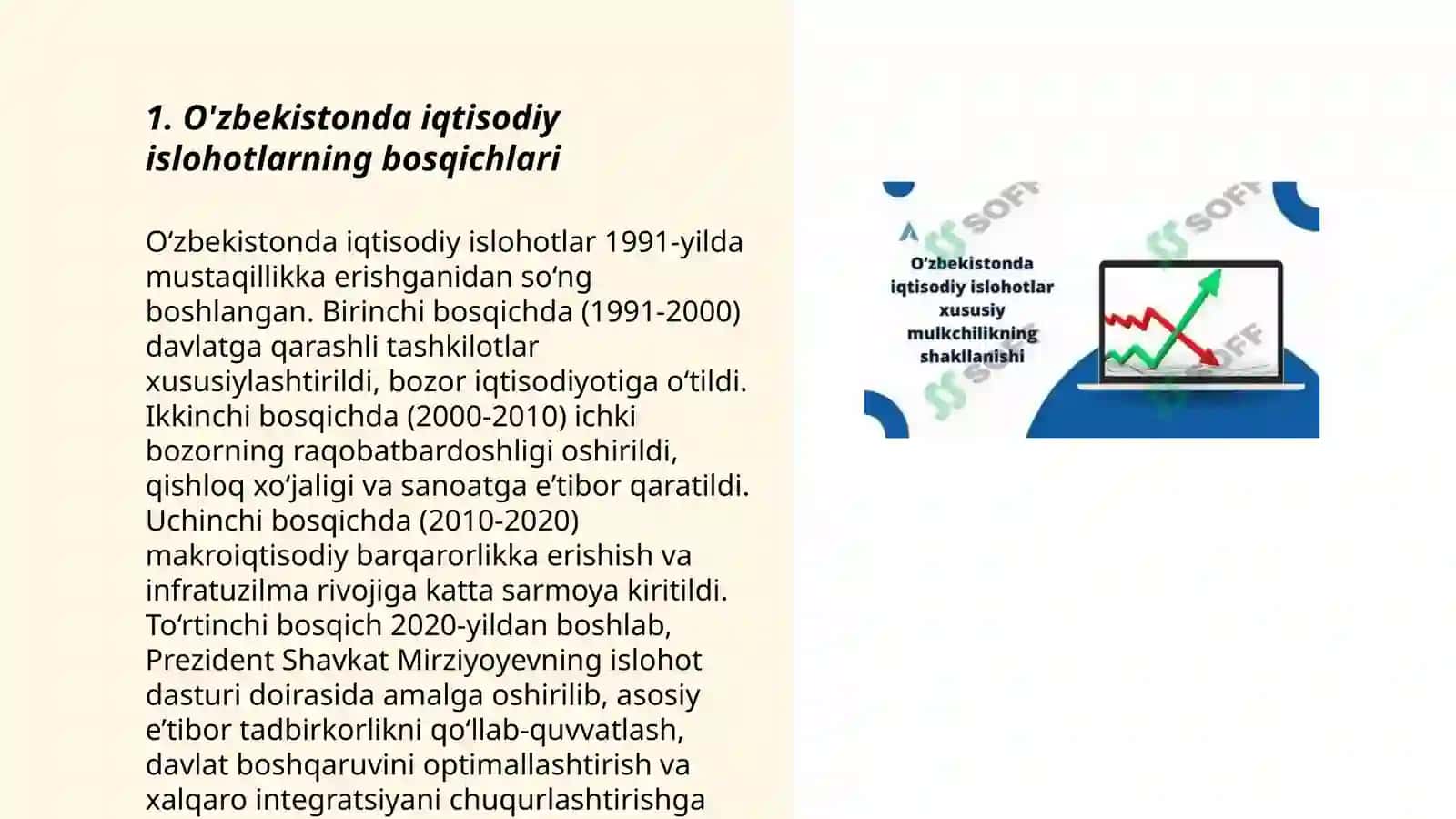 Iqtisodiy islohotlar, xususiy mulkchilikning shakllanishi. Oʻzbekistonda bozor munosabatlarining rivojlanishi 3