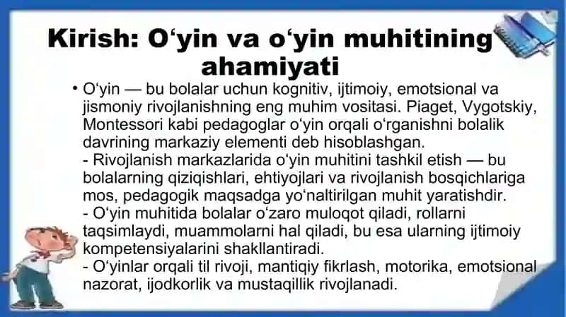 Rivojlanish markazlarida oʻyin va oʻyin muxitini tashkil etishning asosiy tamoyillari 3