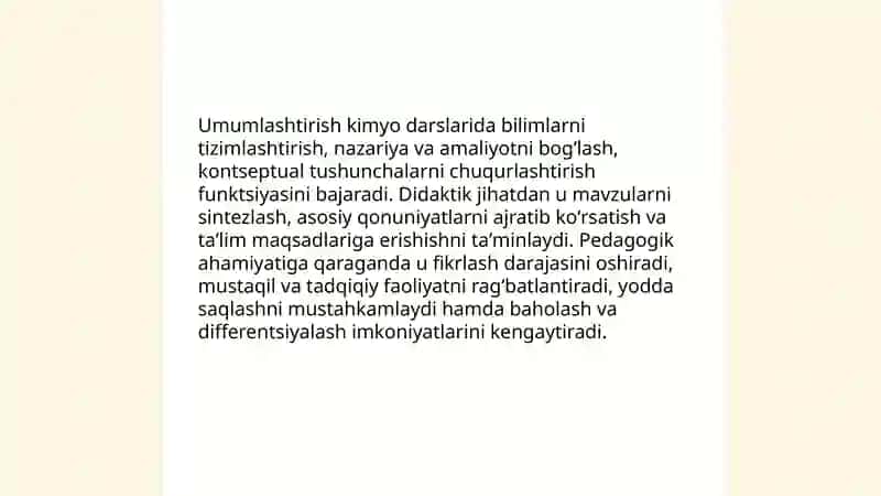 Kimyoviy bilimlarni rivojlantirib boruvchi oʻqitishda umumlashtirishning ahamiyati. Kimyo oʻqitish metodlari 3