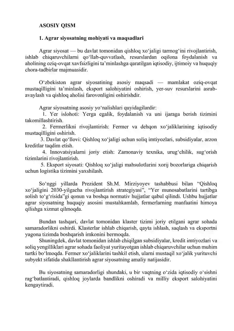 Agrar siyosat va qishloq xo'jaligini barqaror rivojlantirish muammolari.ESSAY 3