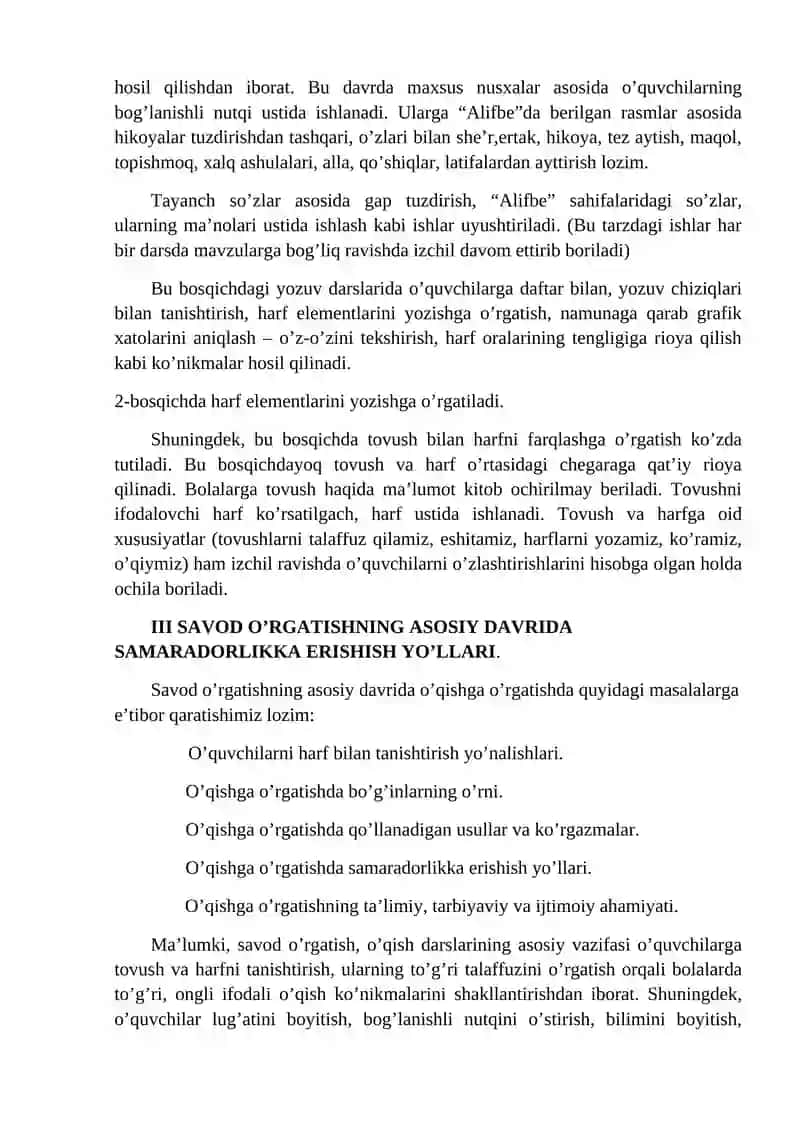4-Mavzu: Savod o‘rgatish jarayoni bosqichlari. Savod o‘rgatishda tayyorlov davri, bu bosqichdagi o‘qish va yozuv darslarining mavzulari hamda ish turlari. 3