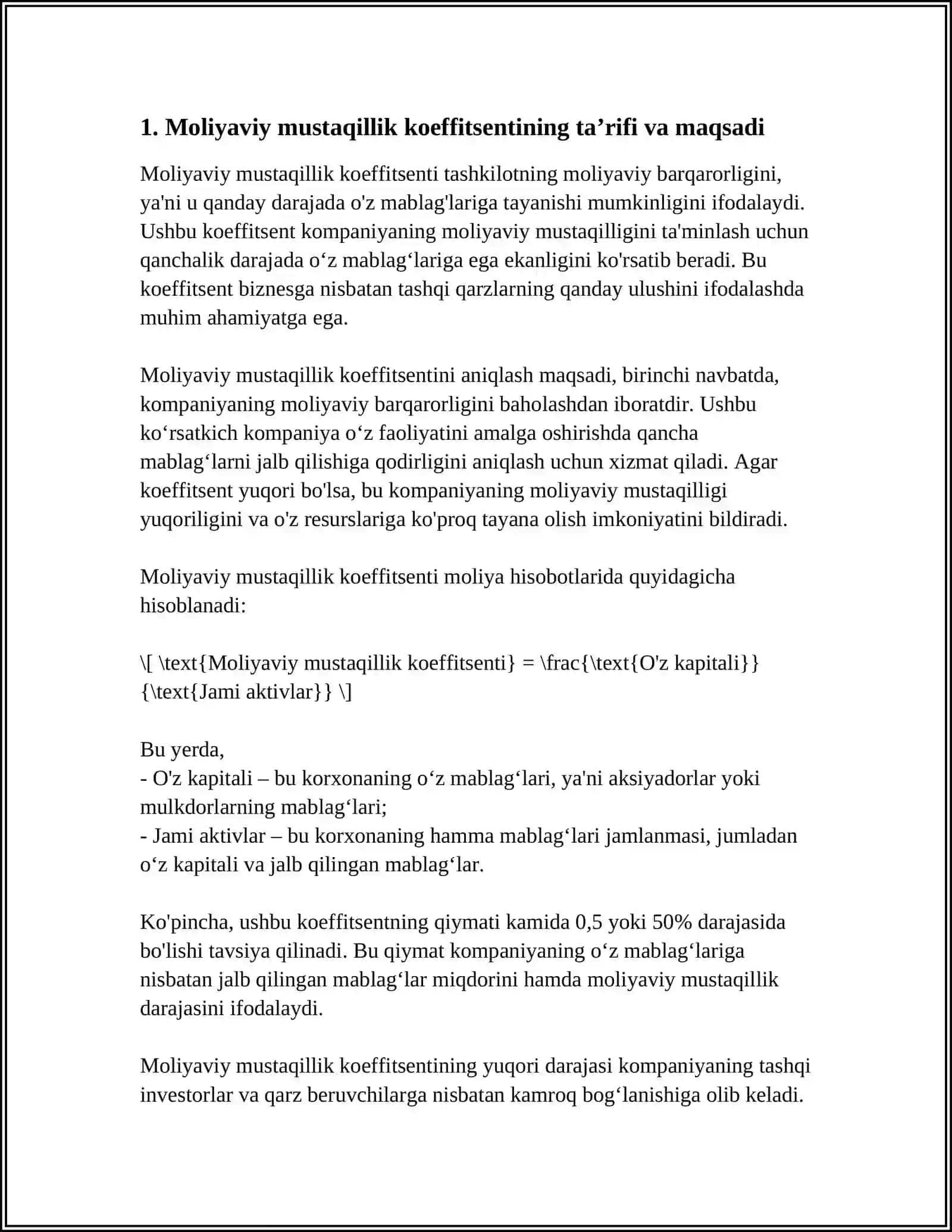 MOLIYAVIY MUSTAQILLIK KOEFFITSENTINI ANIQLASH TARTIBI 3