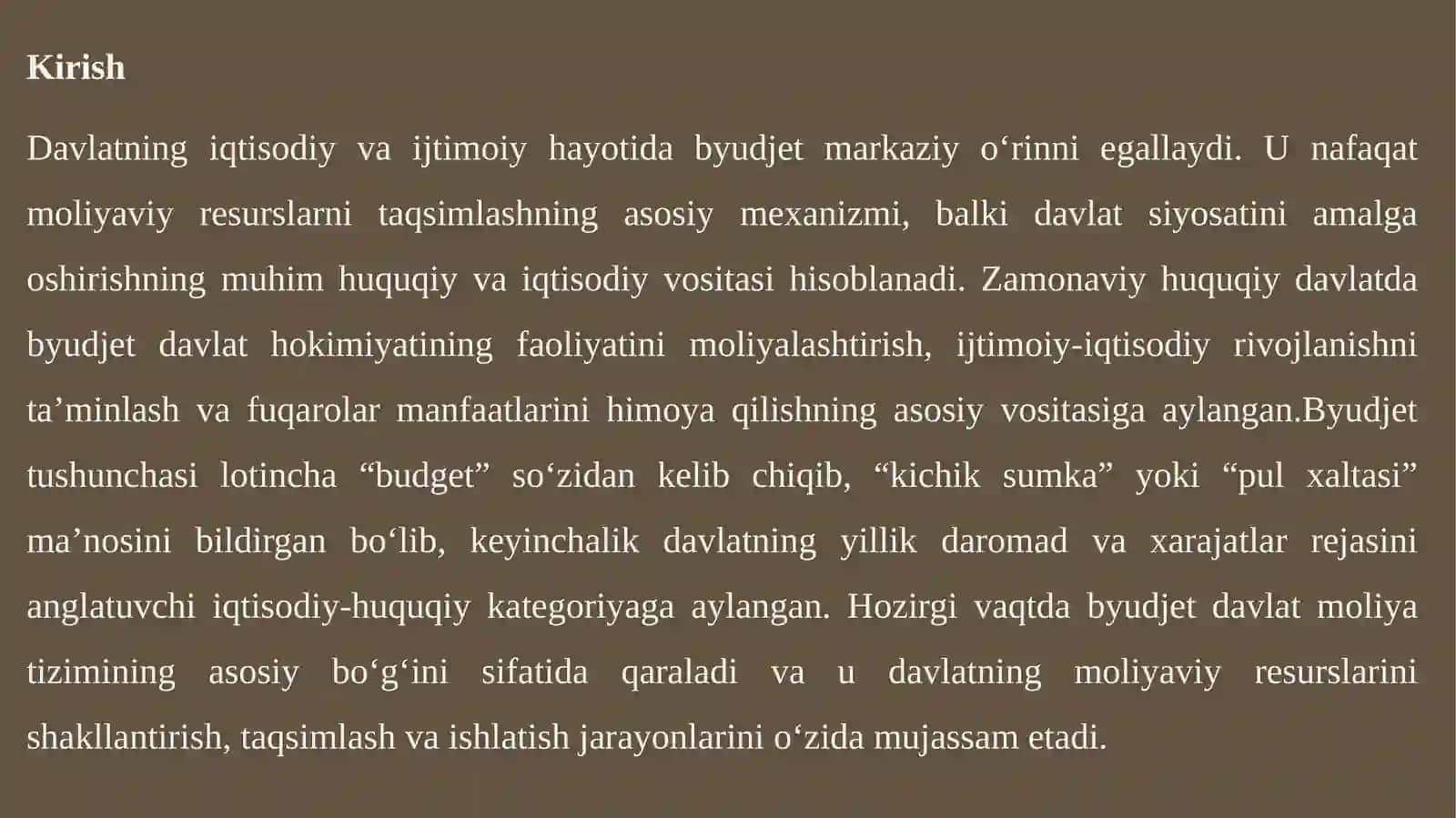 Byudjet tushunchasi va mohiyati. Byudjet turlari davlat byudjeti, mahalliy byudjet. 3