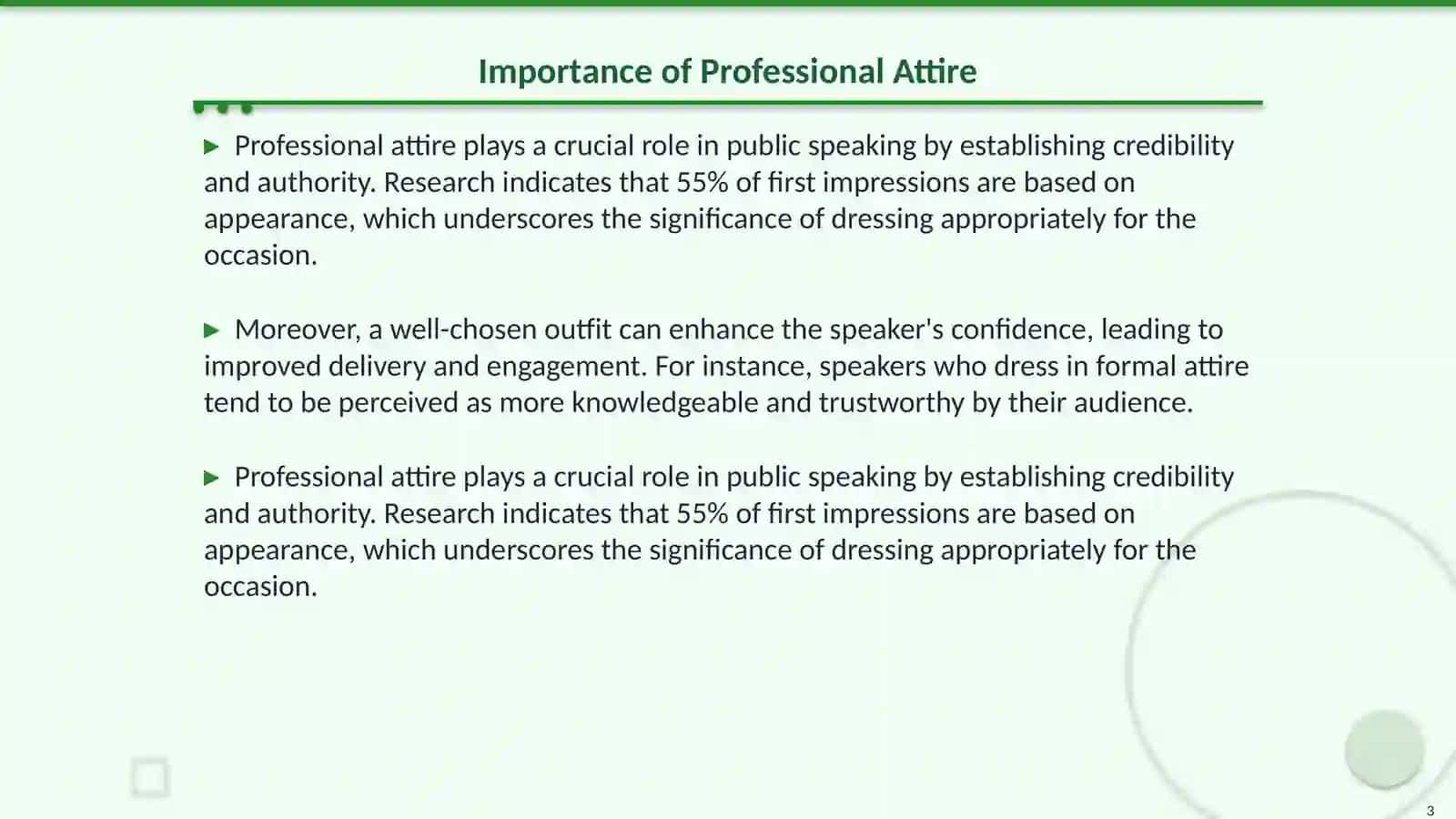 Dressing professionally, body movement and vocal qualities in public speech 3
