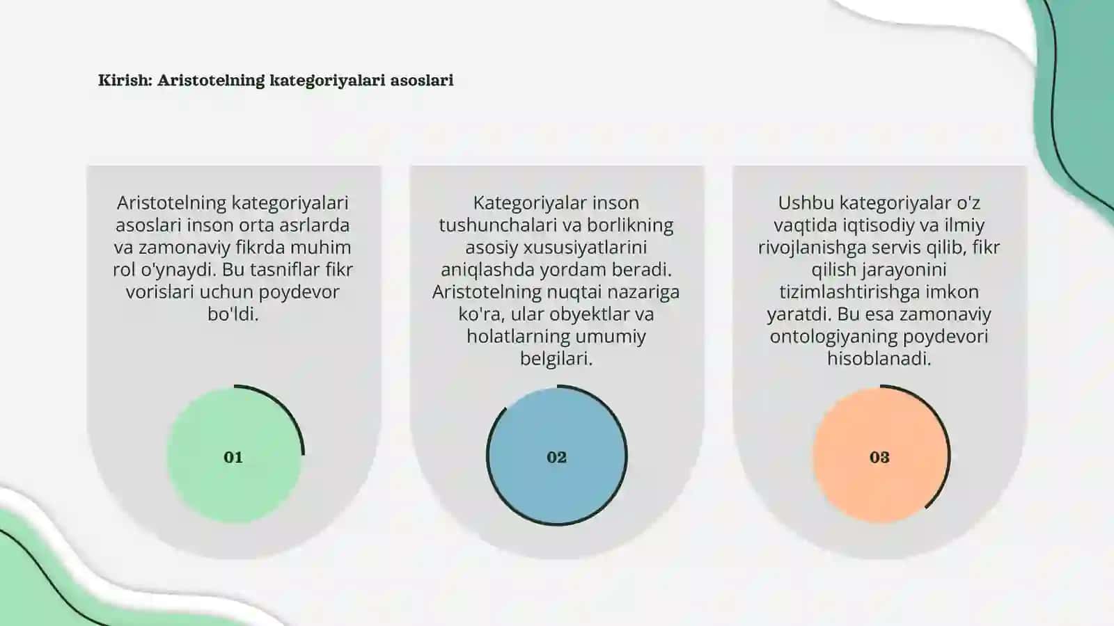Aristotel, Forobiy va Kant ontologiyasida kategoriyalar tasnifi mavzusida esse tayyorlash 3