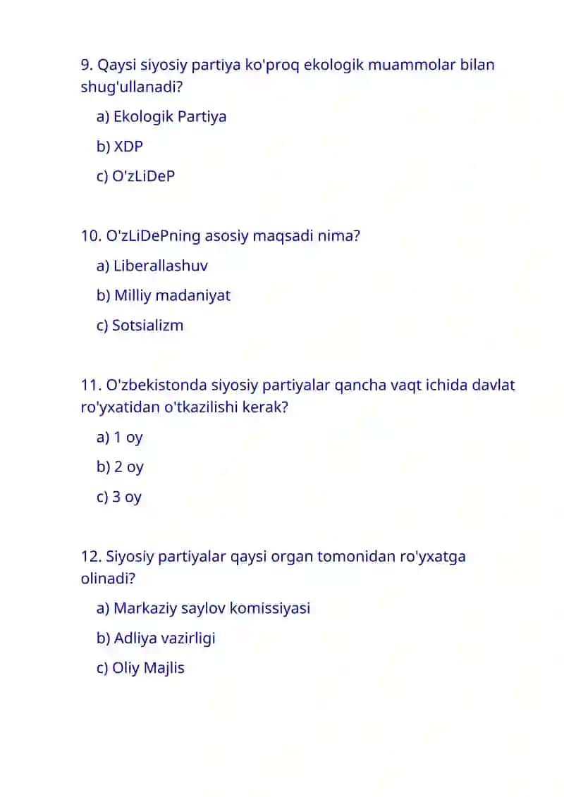 Siyosiy partiyalar haqida test savollari 3