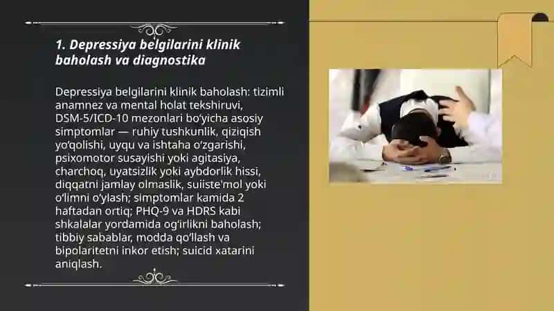 Bemorlarning ruhiy holati «Depressiya, shok, qo‘rquv, ipoxondriya, o‘zini aybdor his qilish» syutsidal fikrlash va x. k 3