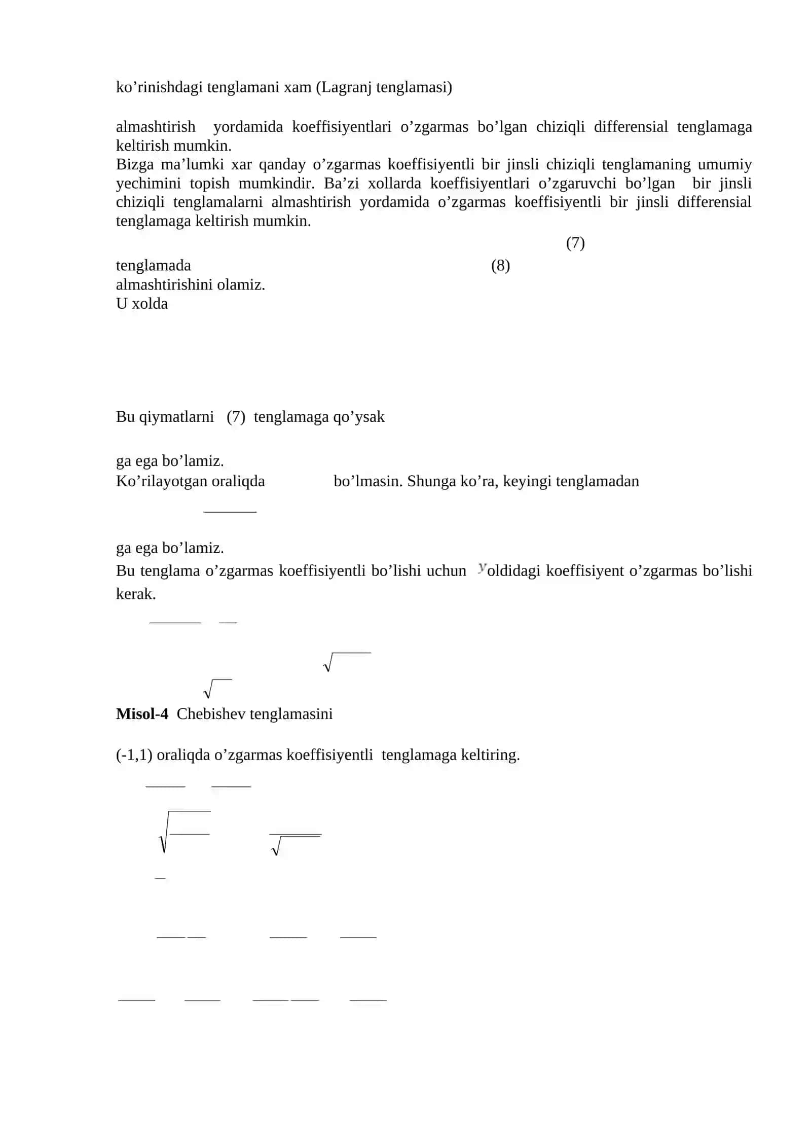 Eylerning bir jinsli va bir jinsli bo’lmagan differensial tenglamalari. Chebishev, Bessel tenglamalari 3