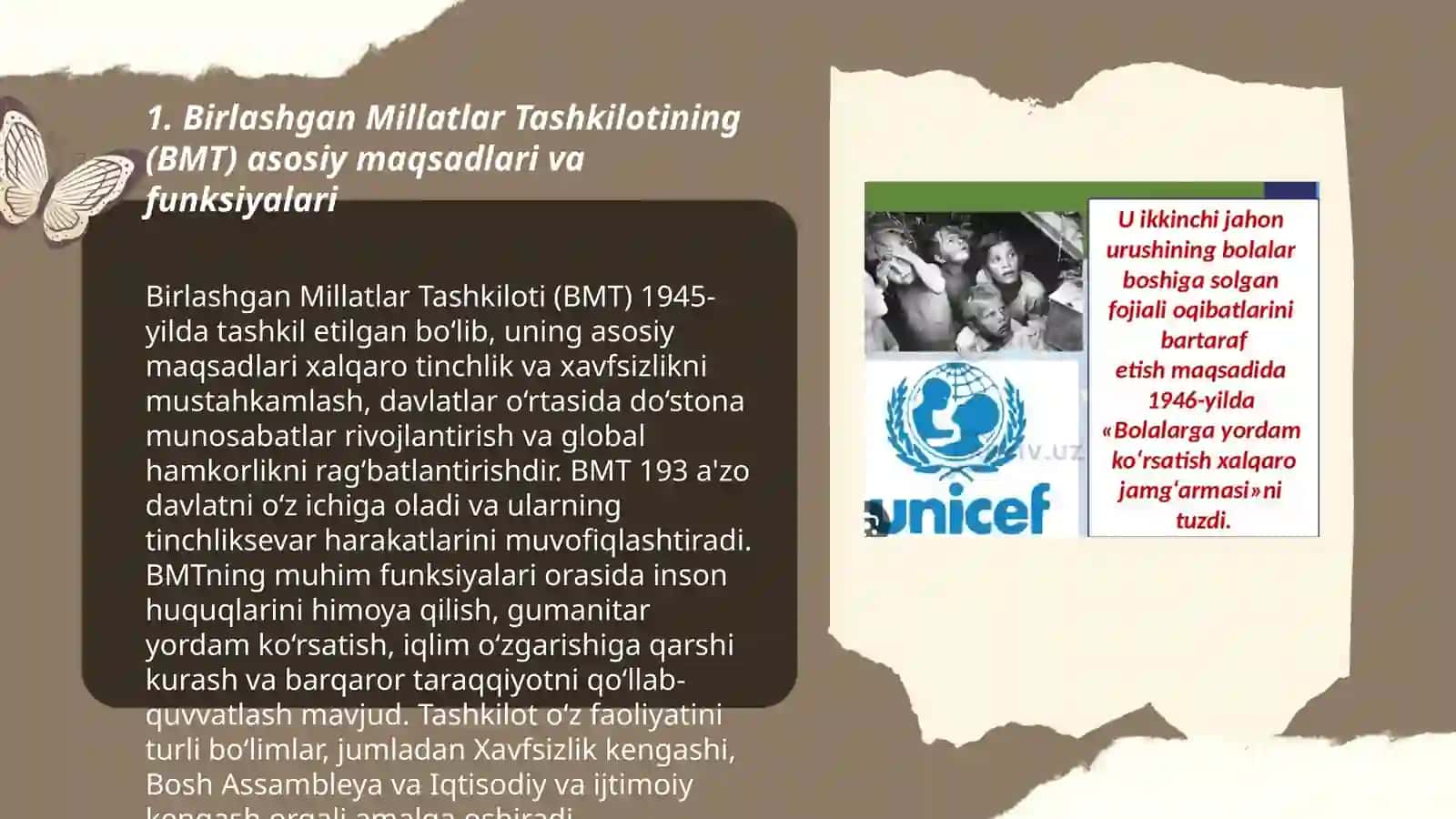 Xalqaro tashkilotlarning maqsad va funksiyalarini tavsiflash BMT, YUNESKO, UNISEF.Bu tashkilotlar zamonaviy dunyoda qanday rol oʻynaydi 3