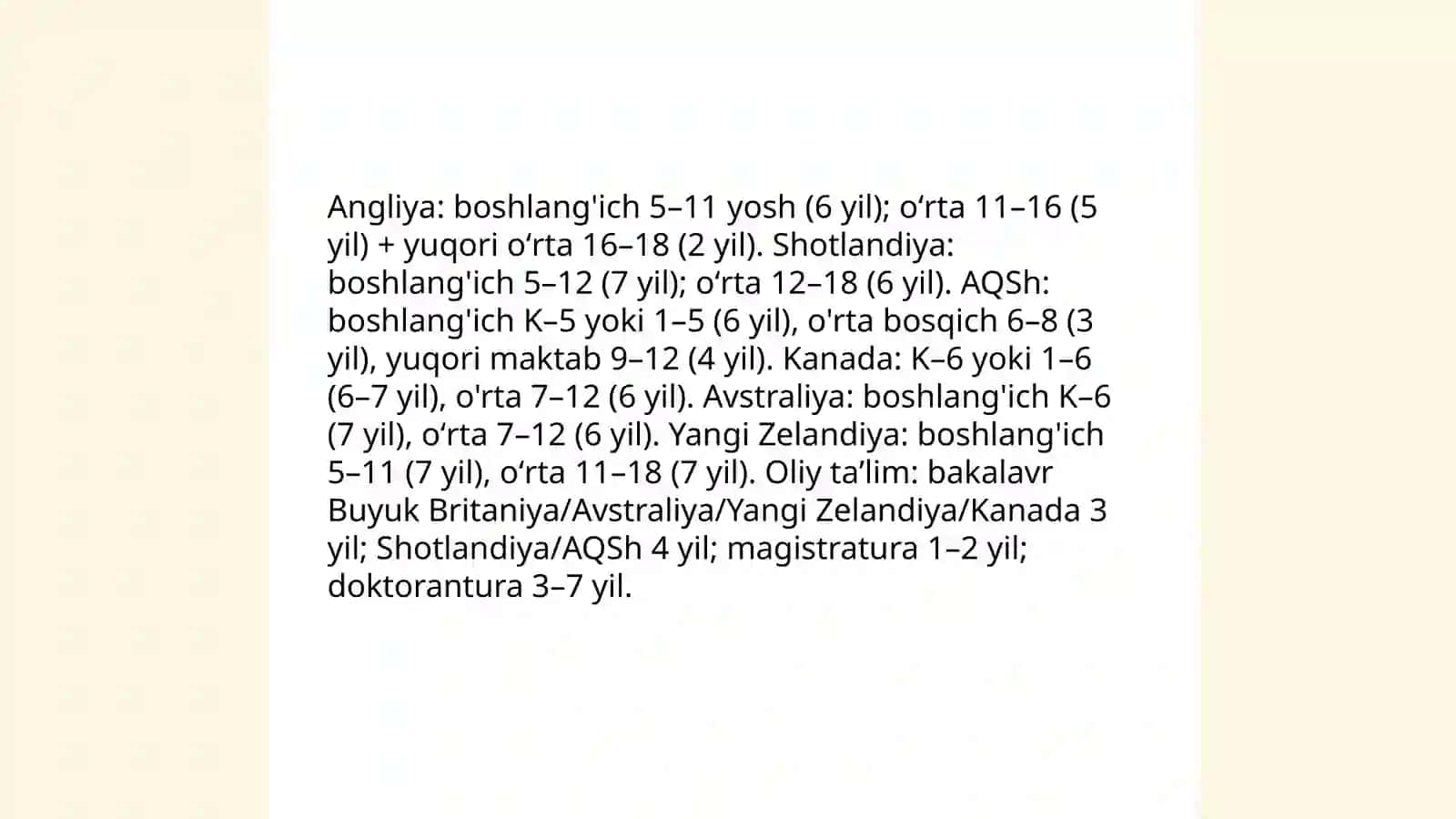 Ingliz tilida gaplashuvchi davlatlarda taʼlim tizimlari oʻxshash va farqli jihatlari 3