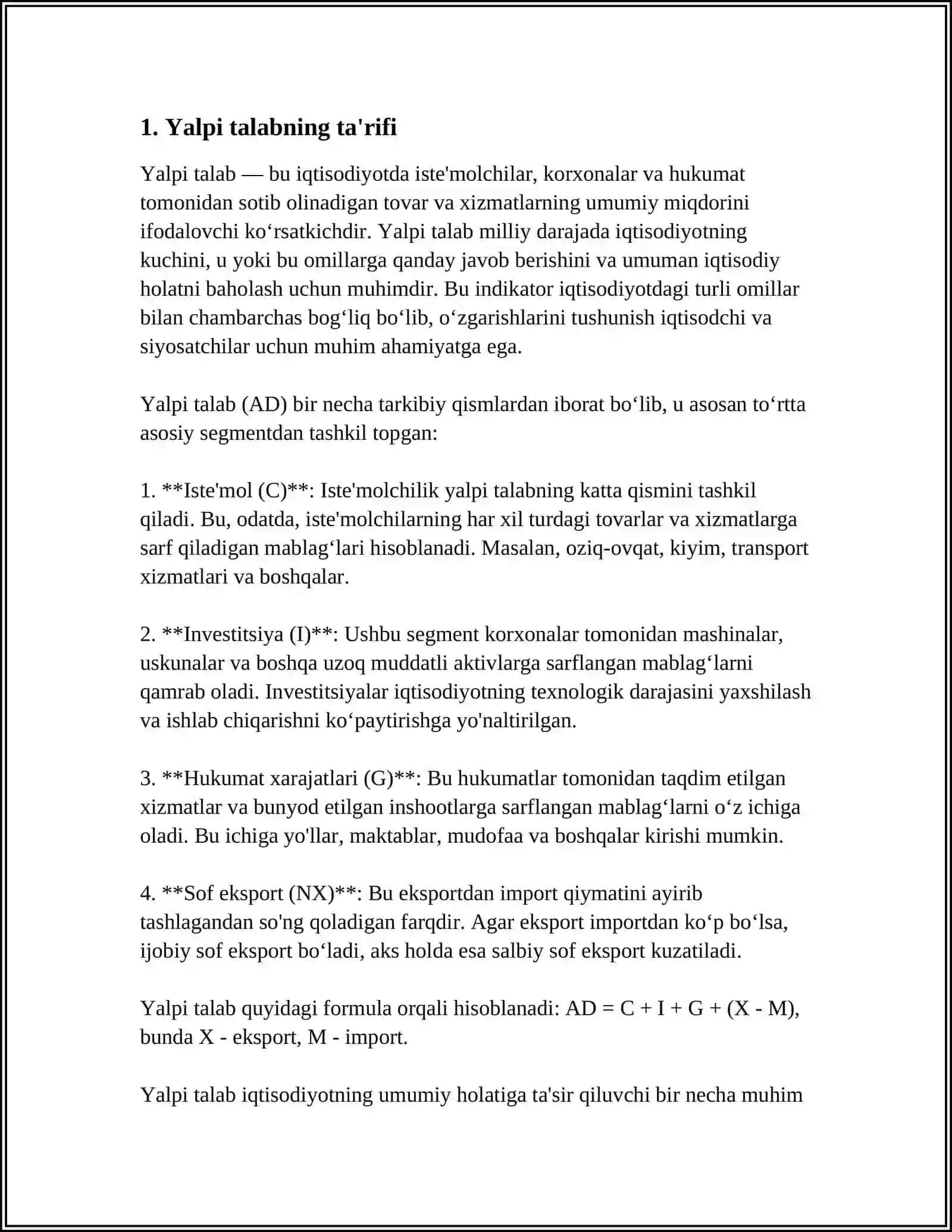 MUSTAQIL ISH Mavzu: YALPI TALAB VA YALPI TAKLIF NISBATLARI 3