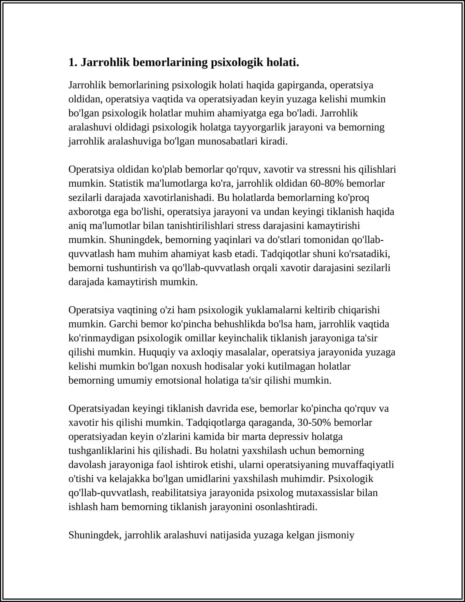JARROHLIK BO‘LIMIDAGI BEMORLAR PISIXOLOGIYASI MASALALARI 3