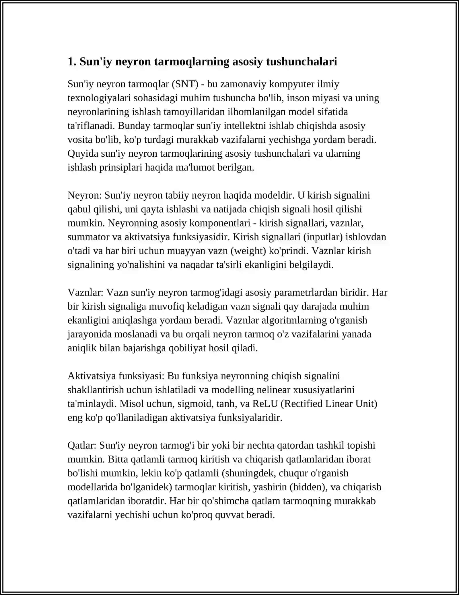 SUN’IY NEYRON TARMOQLAR YORDAMIDA SINFLASHTIRISH MASALALARINI YECHISH 3