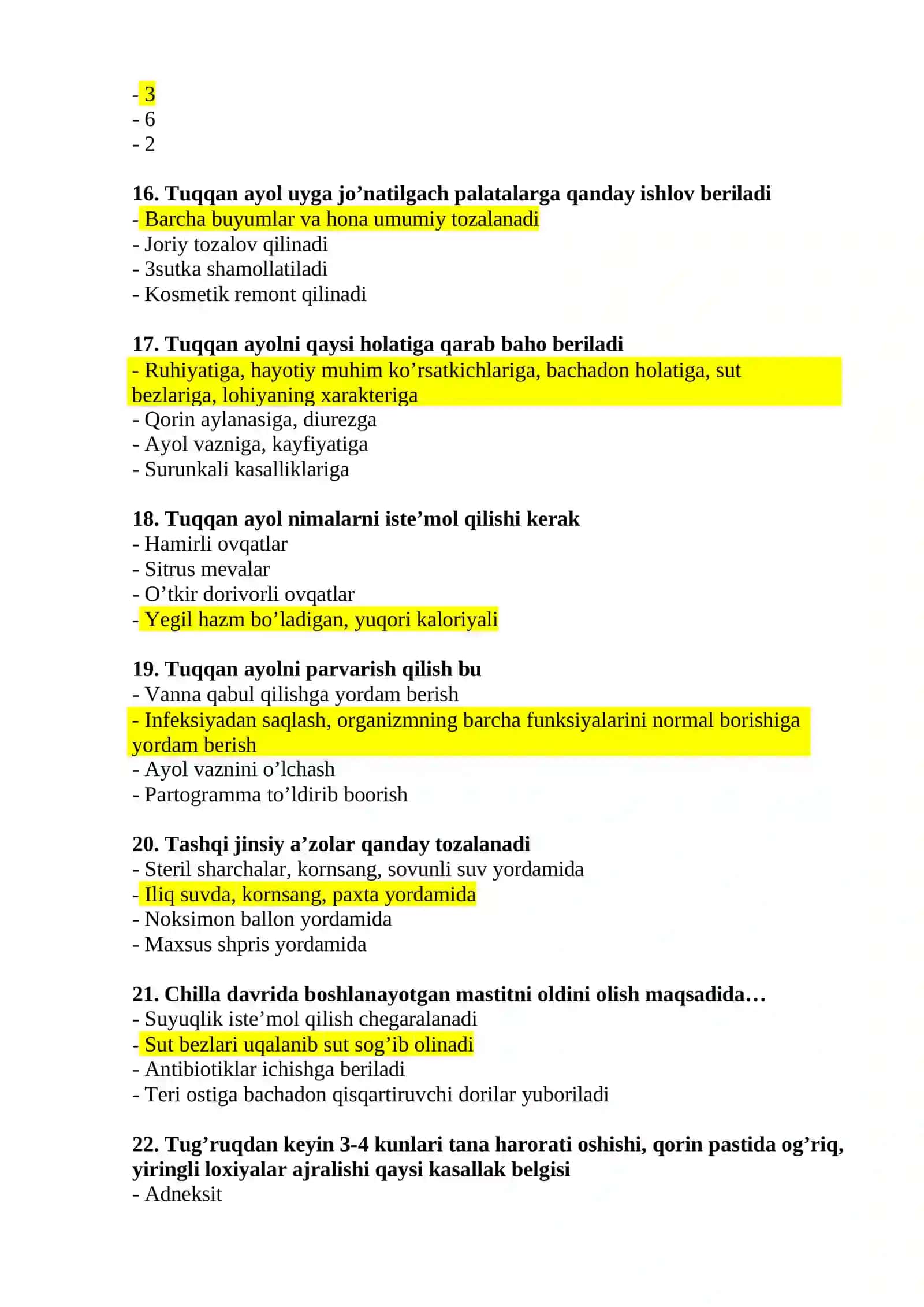 Akusherlik ishi mutaxassisligi bo’yicha shakllantirilgan test savollari ro’yxati 3