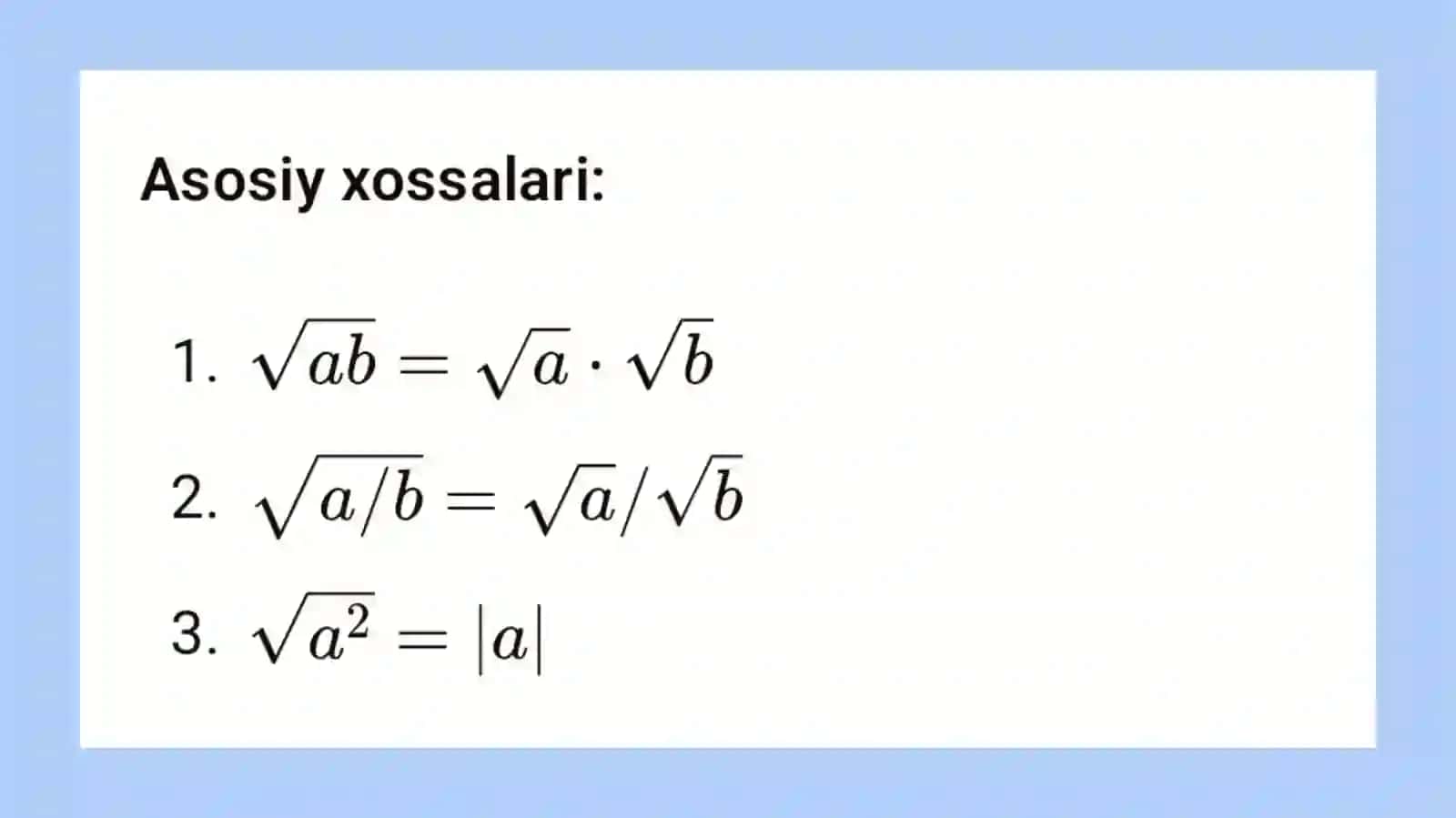 Arifmetik kvadrat ildiz tushunchalari.irratsional ifodalarni Ayniy almashtirish 3