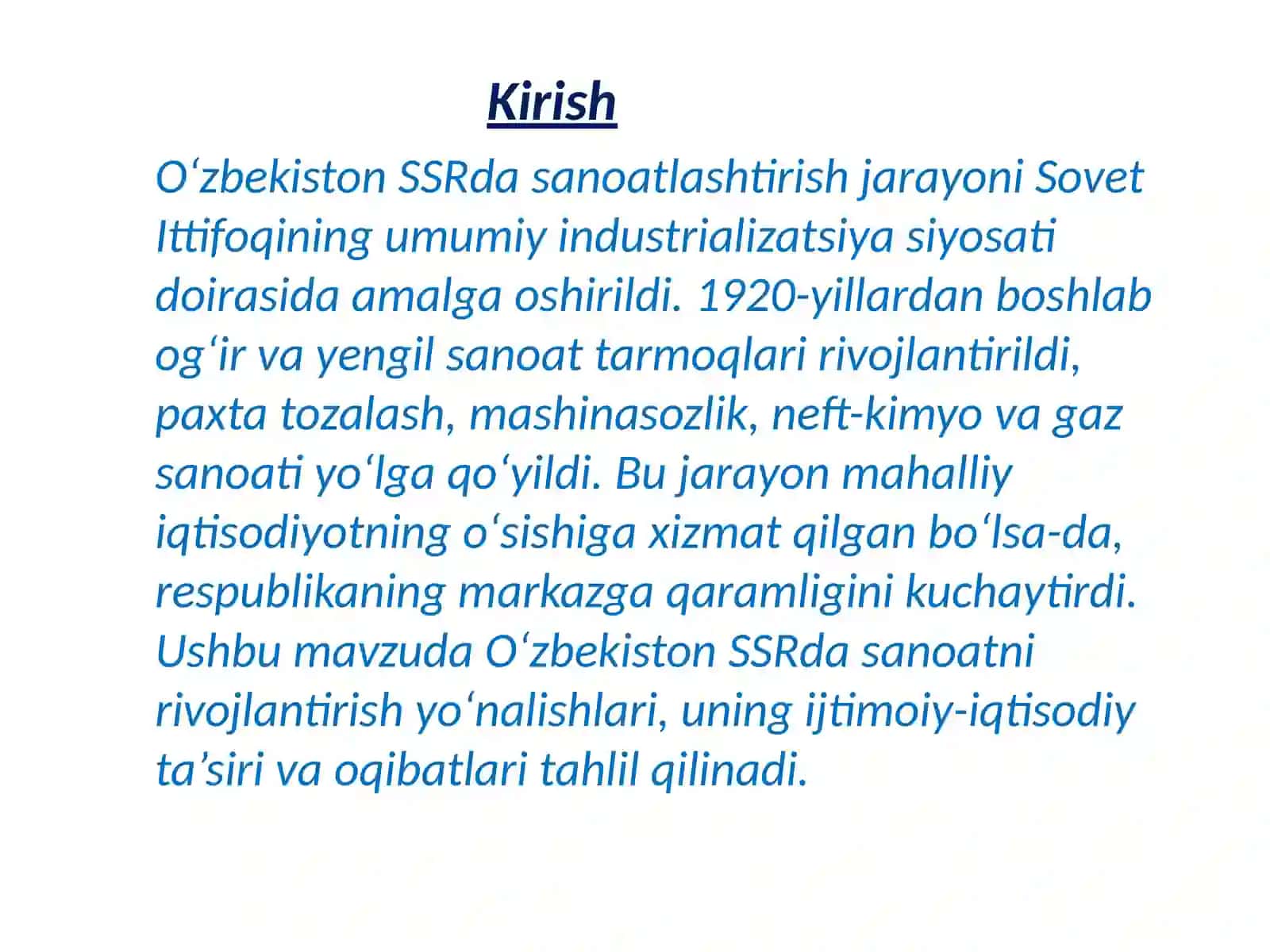 Sovet hokimiyatining O'zbekiston SSR dagi sanoatlashtirish siyosati (1925-1941) 3