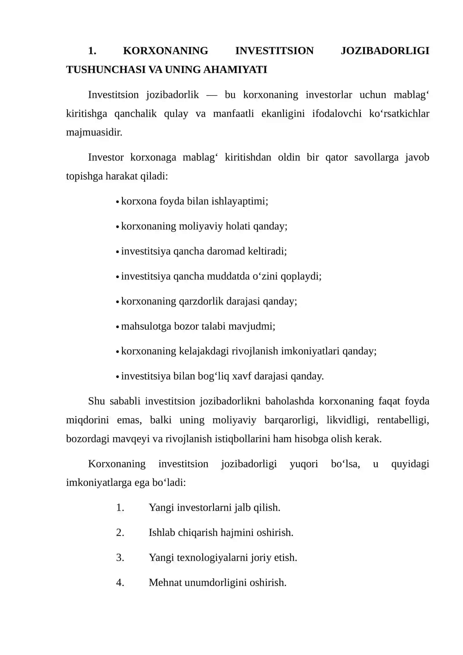 Korxonaning Investitsion Jozibadorligini Baholash 3
