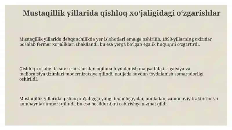 Mustaqillik yillarida qishloq xoʻjaligi va sanoat sohasidagi oʻzgarishlar 3