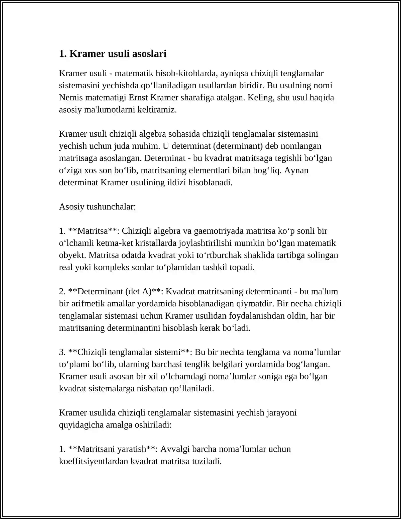 HISOB (CALCULUS):CHIZIQLI TENGLAMALAR SISTEMASINI KRAMER USULDA YECHISH 3