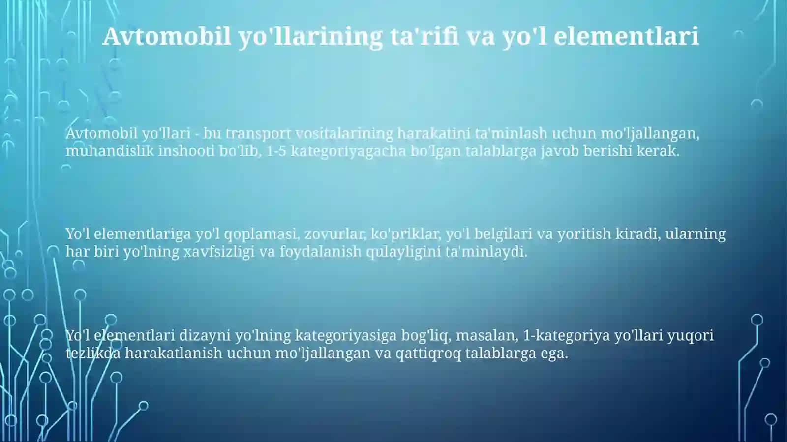 Avtomobil yo‘llari yo‘l elementlari va ularni toifalar bo‘yicha tahlili 3