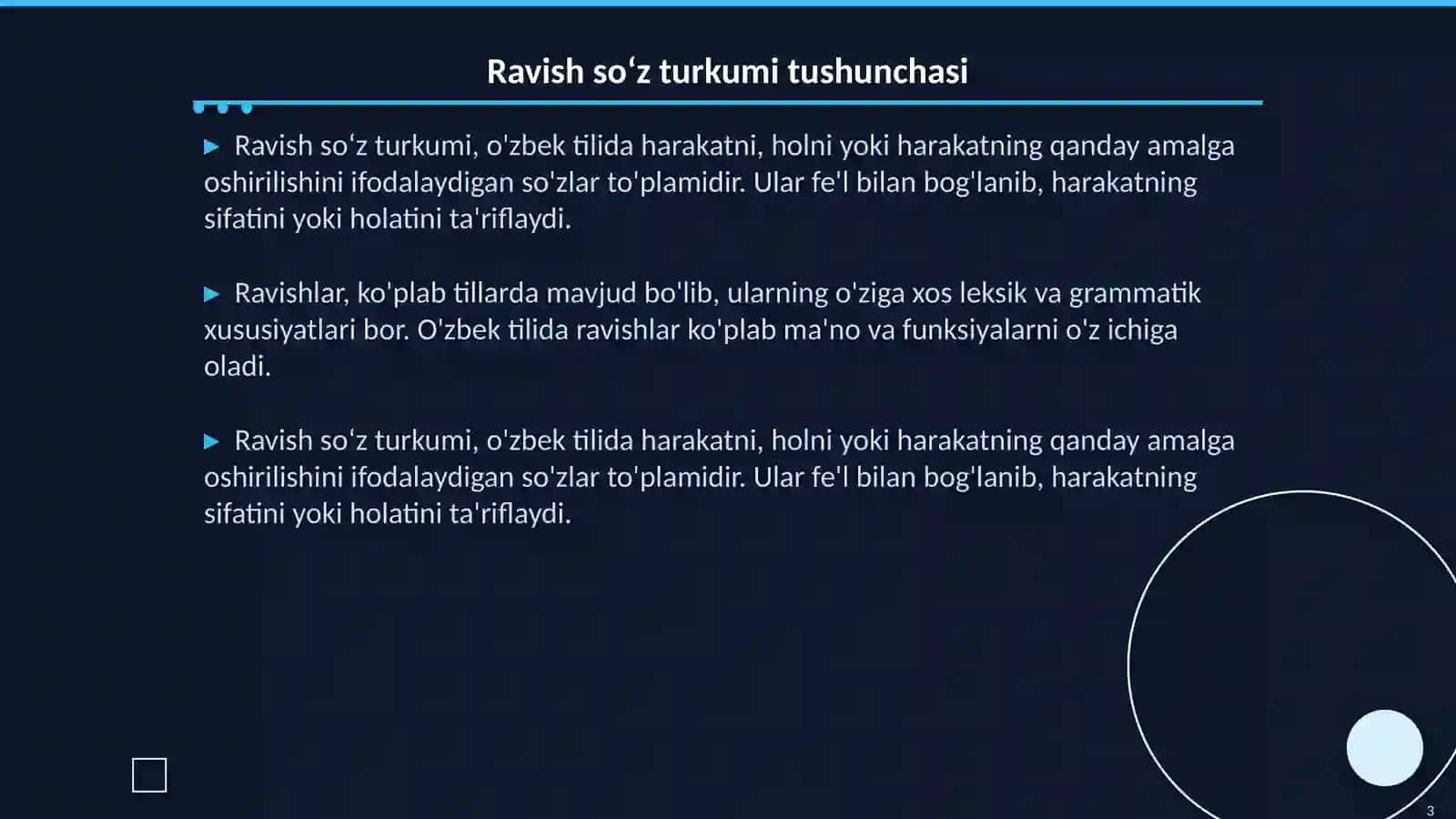 Ravish soʻz turkumi. Leksik-grammatik xususiyatlari, maʼno guruhlari 3