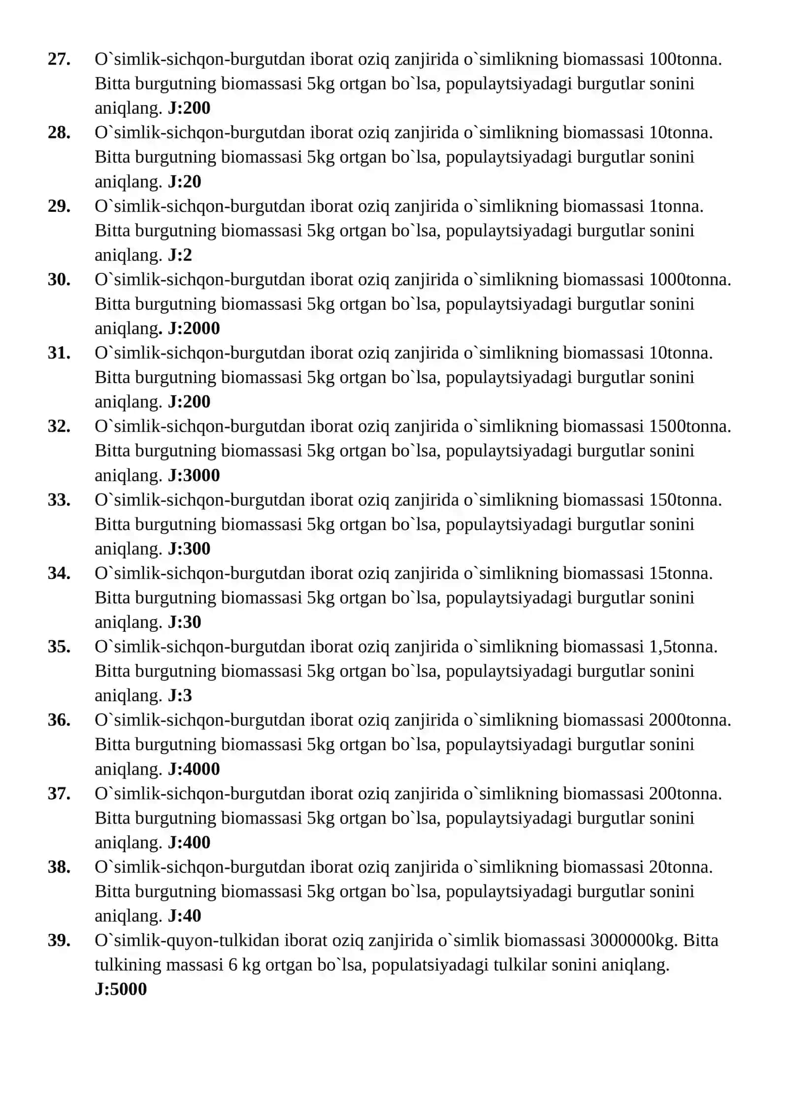 Biologiya test savollari, javoblar bilan 3
