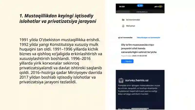 O’zbekistinda islohotlar, xususiy mulkchilikning shakillanishi va bozor munosabatlarining rivojlanishi 3