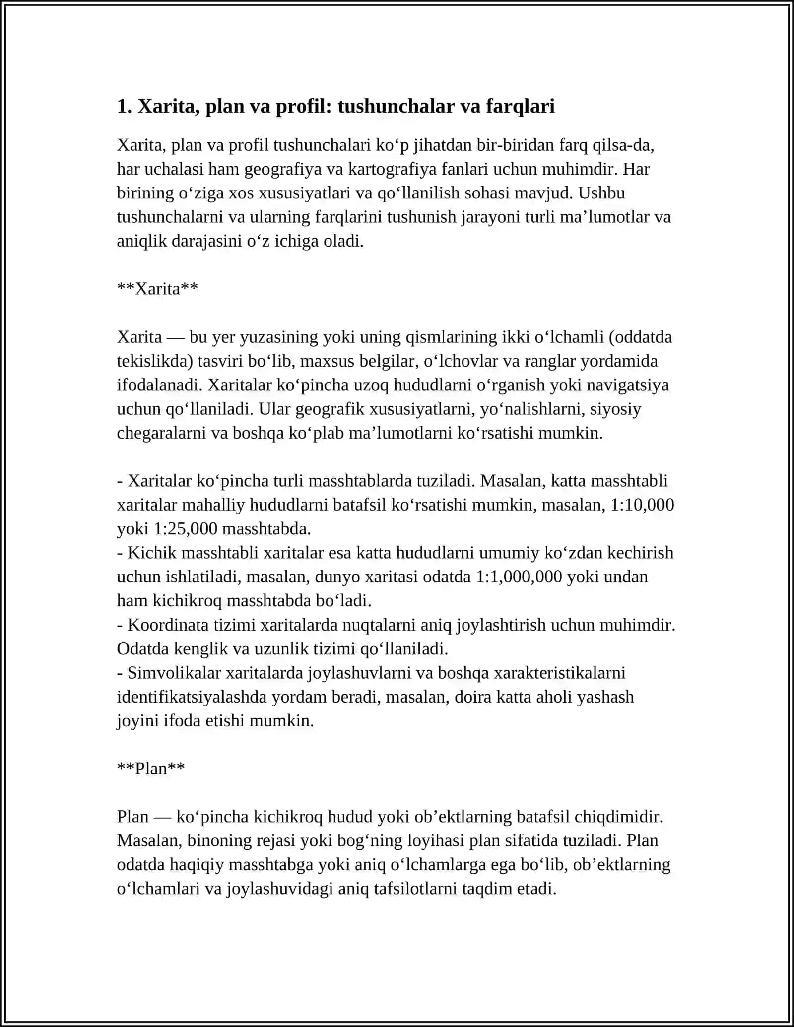XARITA,PLAN,PROFIL.XARITALAR KLASSIFIKATSIYASI 3