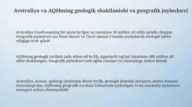 Avstraliya va AQSHning shakllanishi. Tabiiy sharoiti va resurslari haqida maʼlumot berish 3