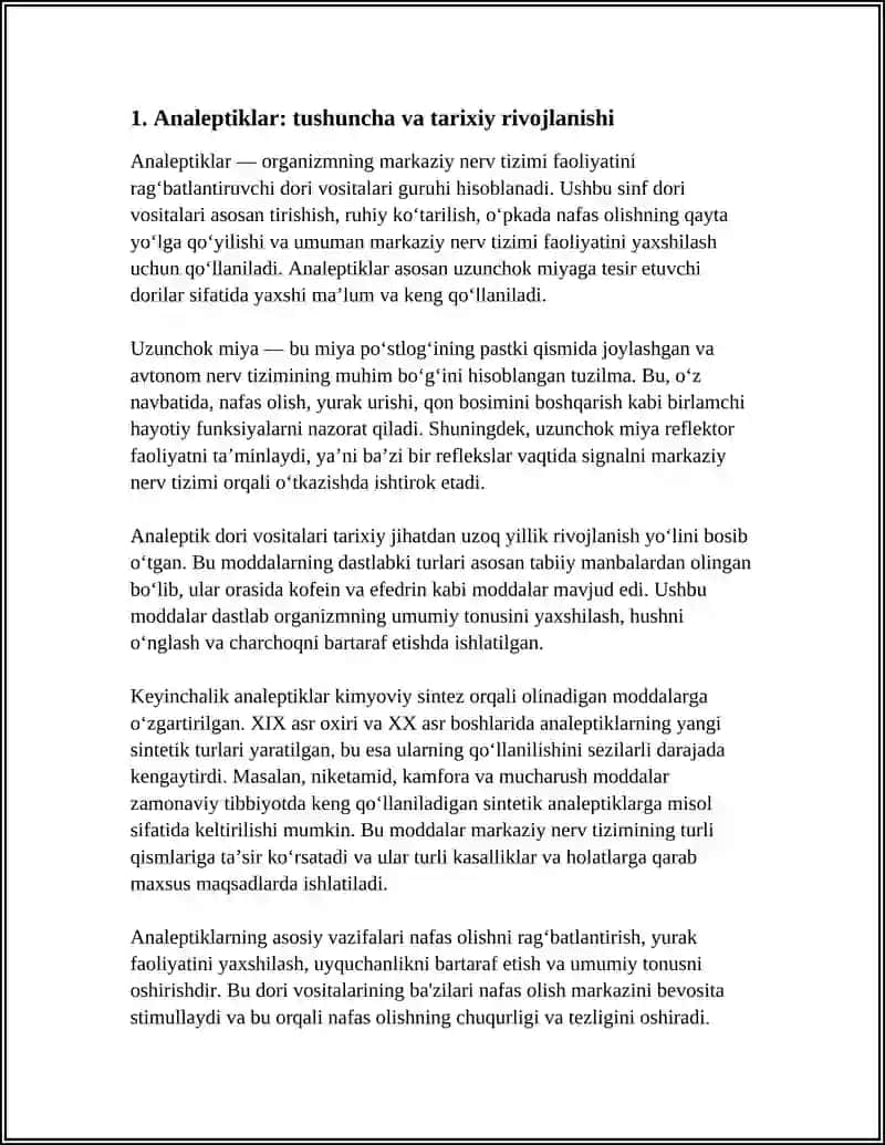 ASOSAN UZUNCHOQ MIYAGA TAʼSIR ETADIGAN DORI VOSITALARI (ANALEPTIKLAR) REFERAT 3