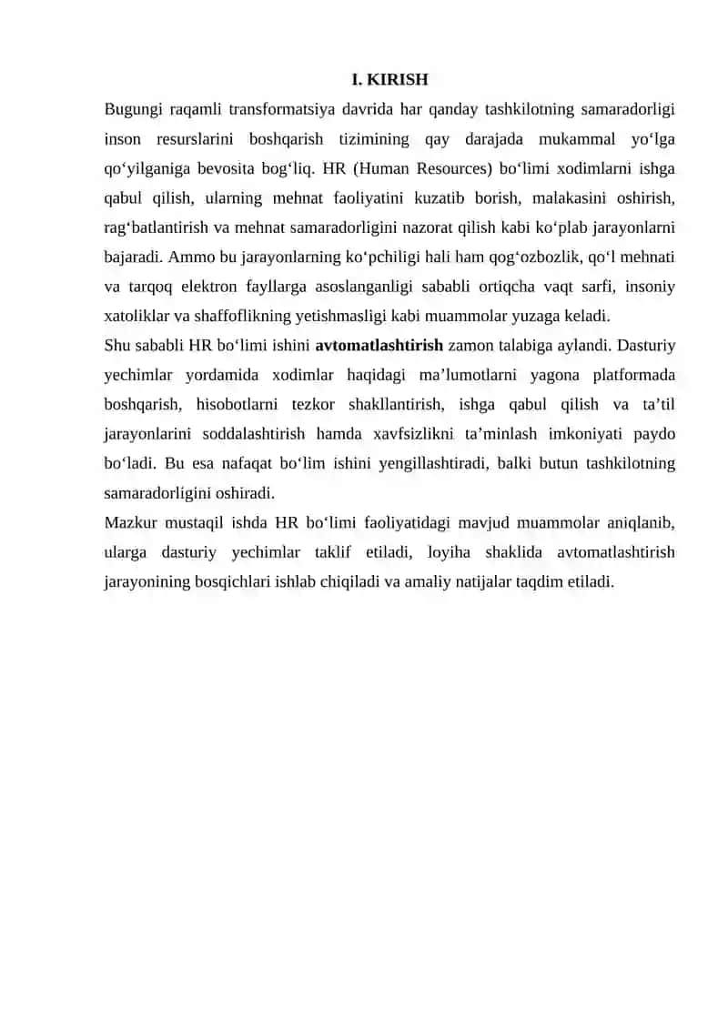 HR bo'limi ishini avtomatlashtirish uchun dasturiy yechim taklifi tayorlash va muommolarni aniqlash hamda loyha shaklida yechim ishlab chiqish 3