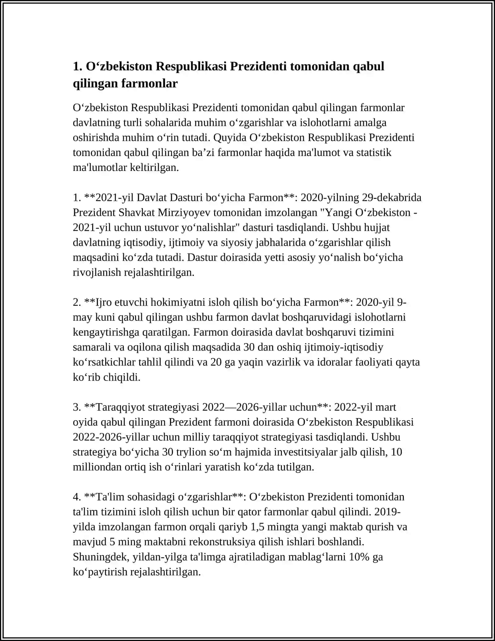 O‘ZBEKISTON RESPUBLIKASI PREZIDENTINING RETSEPTURAGA ASOSLANGAN QONUN VA FARMOYISHLARI 3