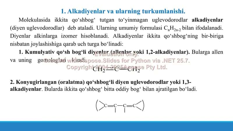 5. Alkadiyenlar – turkumlanishi, olinishi, reaksiyaga kirish qobiliyati. Tabiiy va sintetik kauchuklar. Taqdimot 21 bet. 3