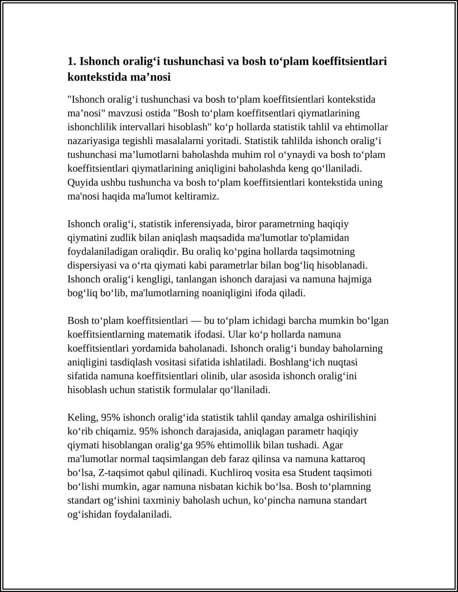 Ishonch oraligʻi tushunchasi va bosh to'plam koeffitsientlari kontekstida maʼnosi 3