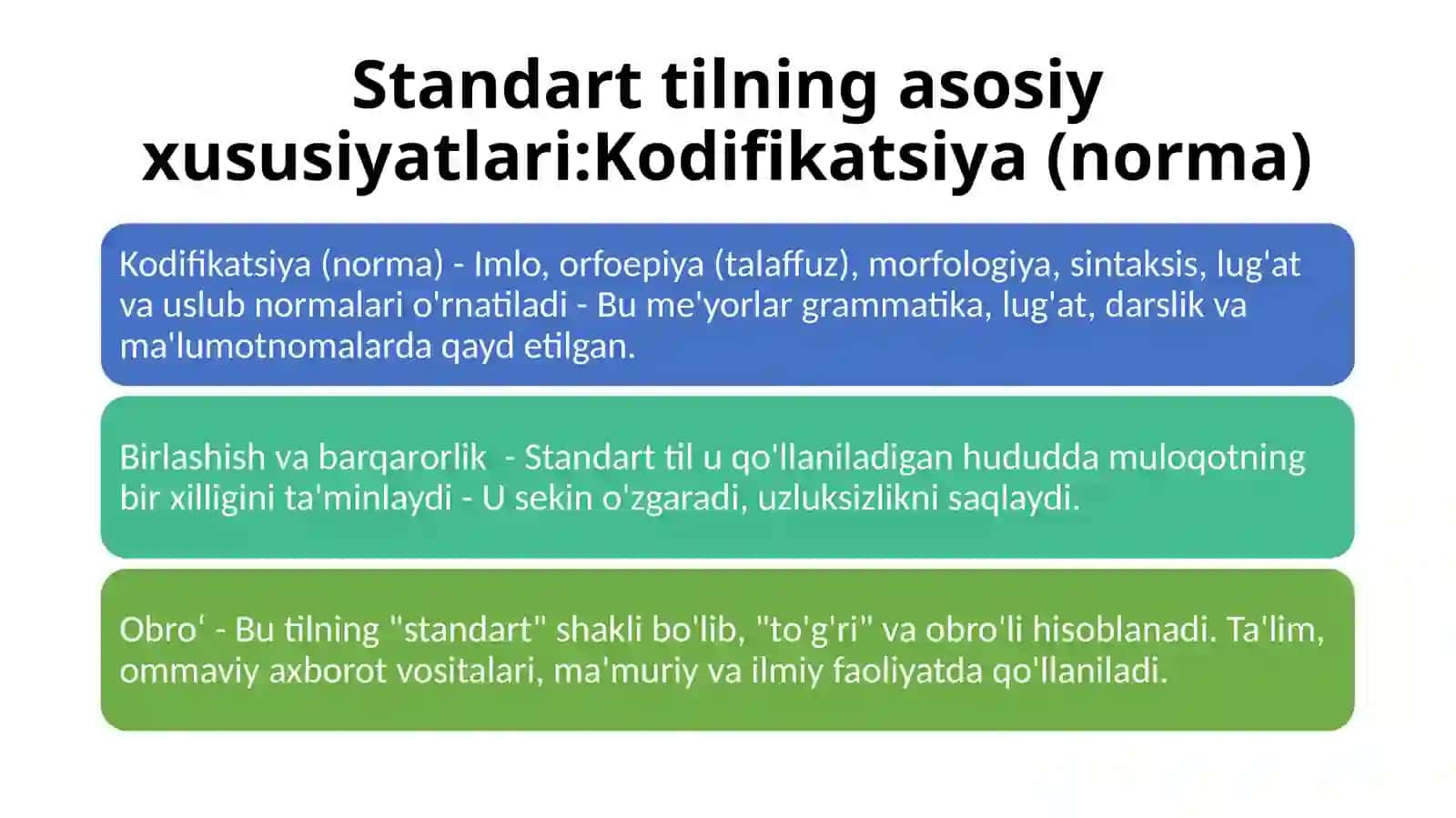 Standarttilning asosiy xususiyatlari: Kodifikatsiya (norma) 3
