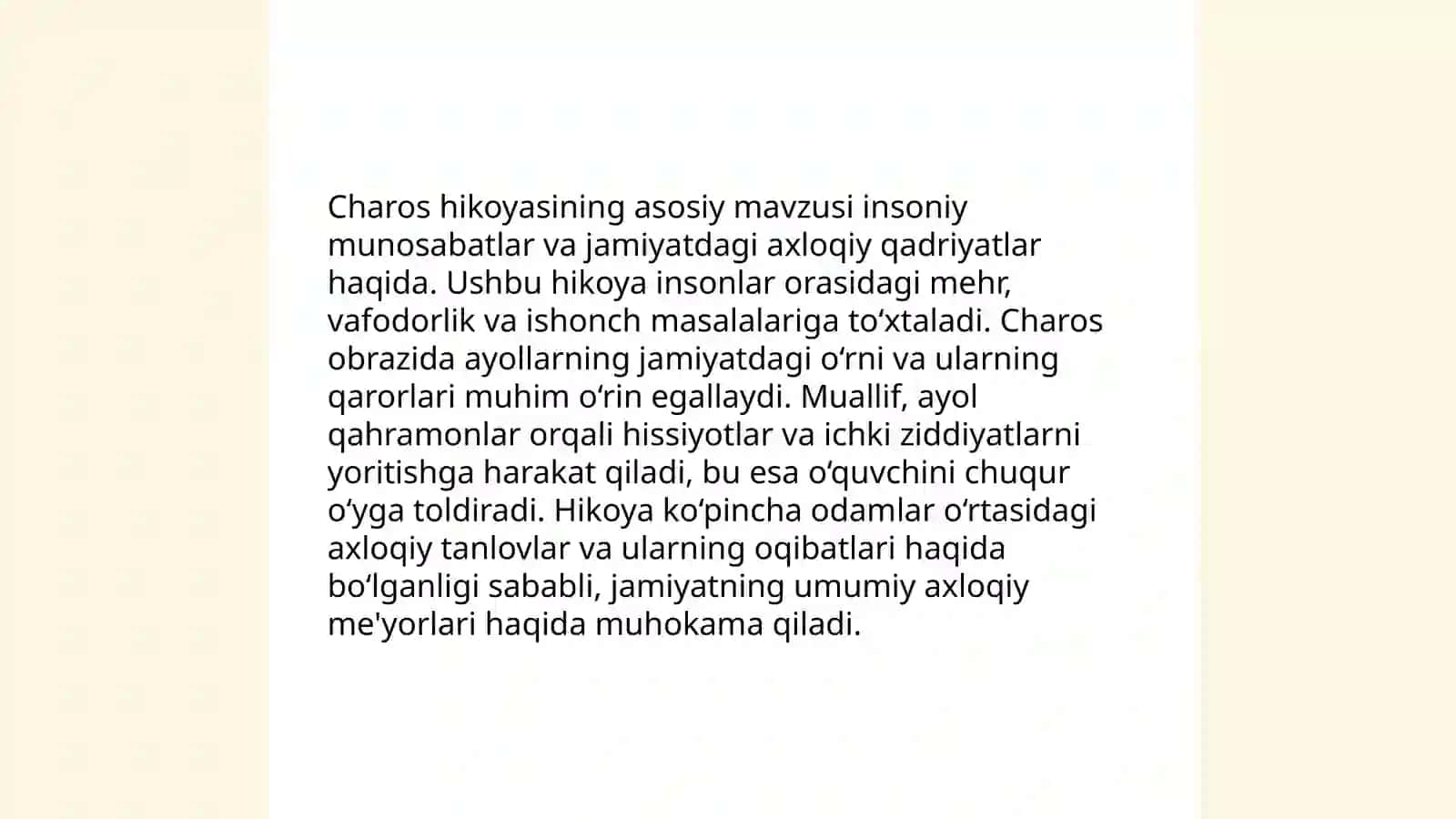 Charos hikoyasining kompozitsion tahlili, mavzu va g'oyasi 3