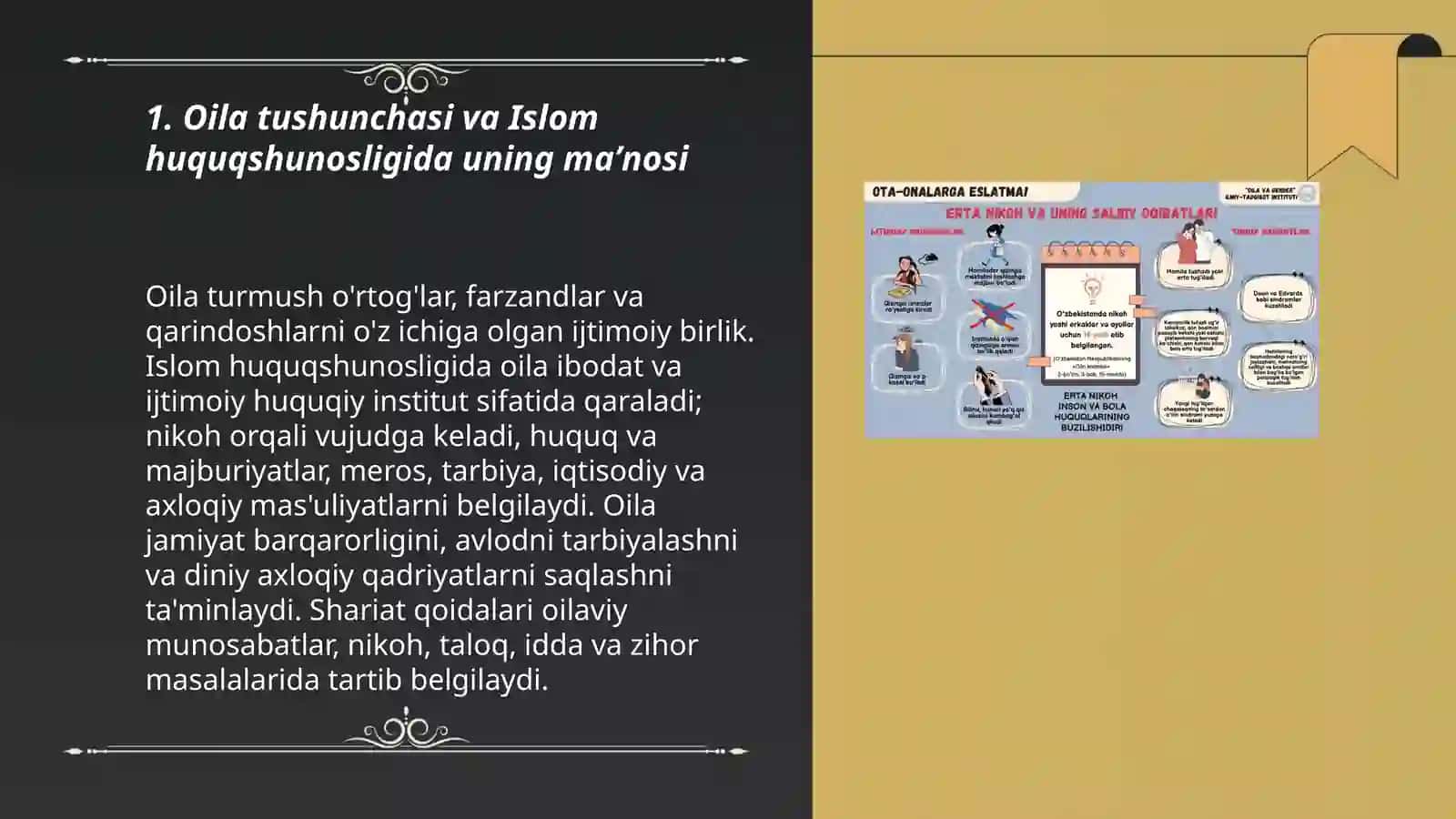 Islom huquqshunosligida oila, nikoh, taloq, idda, zihor tushunchalarini taʼriflash 3