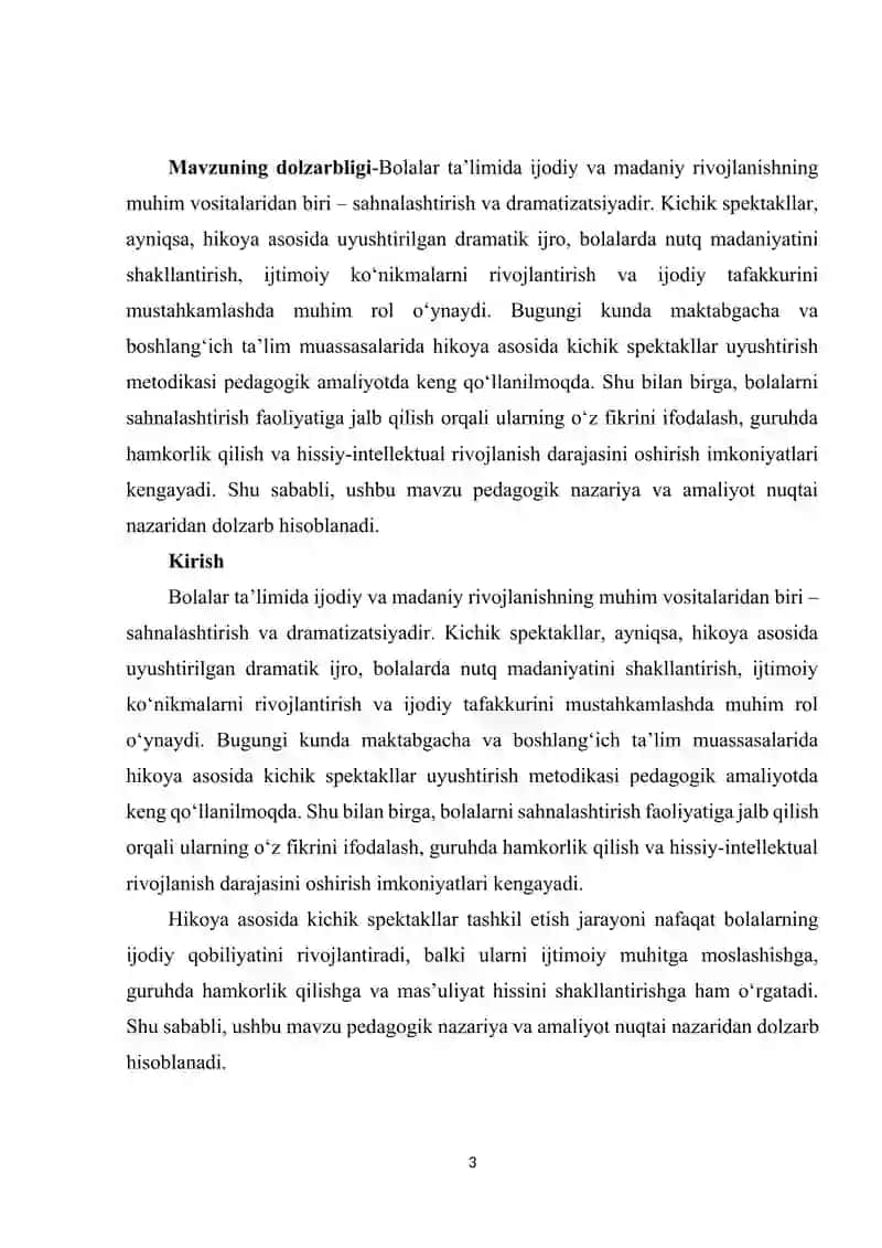 Hikoya asosida kichik spektakllar uyusgtirish usullari 3