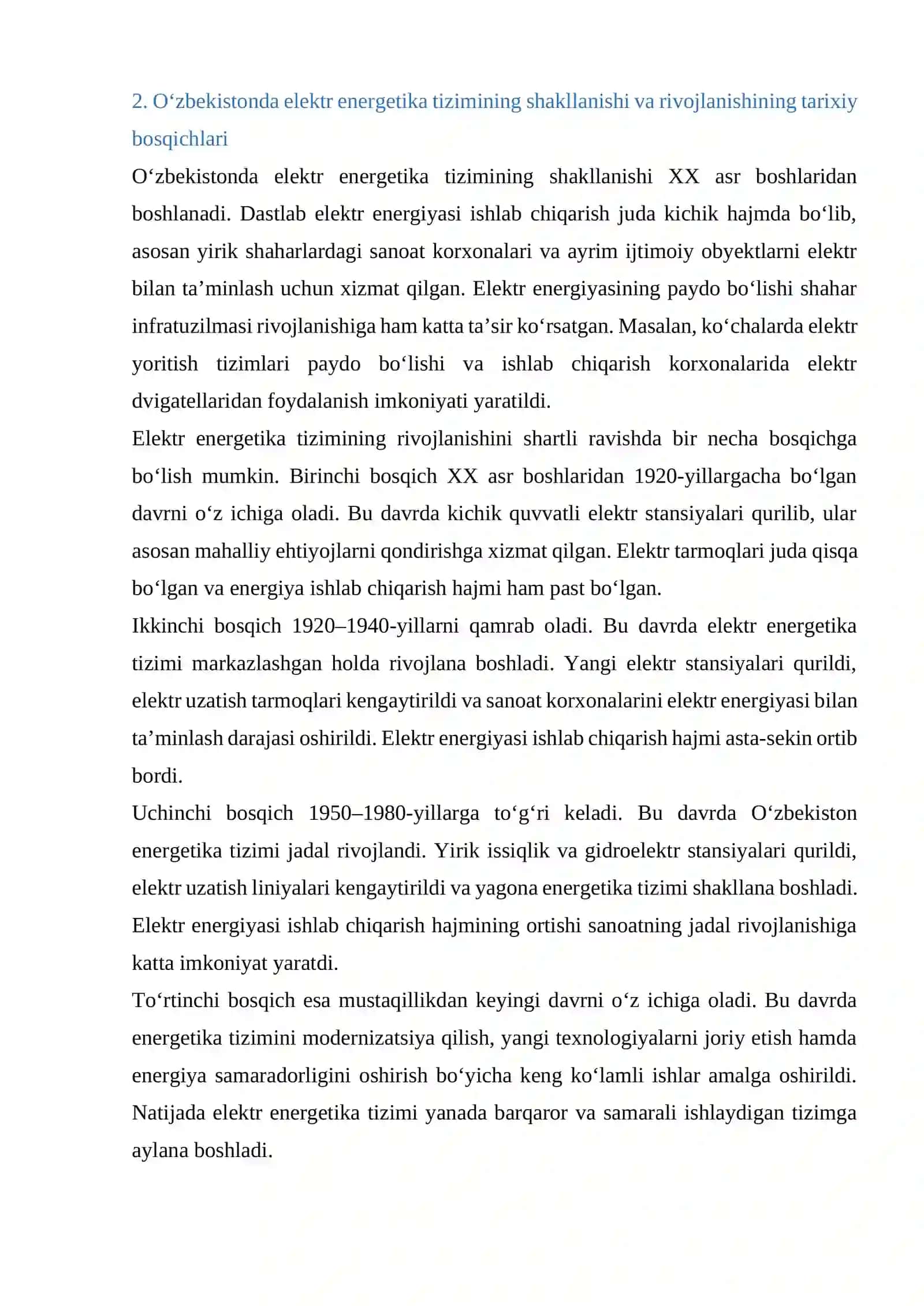 Oʻzbekistonda elektr energetika tizimining shakllanish bosqichlari va ularning sanoat rivojlanishiga ta’siri 3