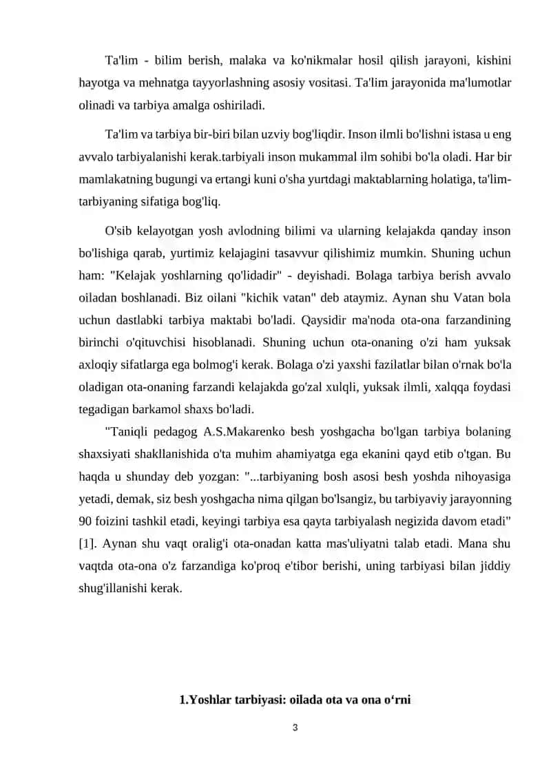 "Ota-ona obro'si milliy tarbiyaning asosi sifatida" referat 3