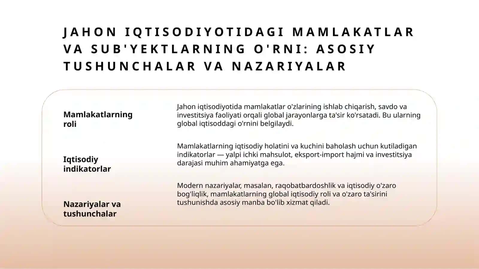 Zamonaviy jahon xo'jaligi sub'yektlari va mamlakatlarning jahon iqtisodiyotidagi o'mini tavsiflovchi ko'rsatkichlar tizimi 3