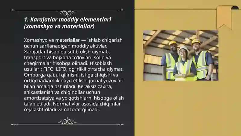 Xarajatlar moddalari boyicha mahsulot (ish,xizmat) ishlab chiqarish xarajatlarini hisobga olish 3