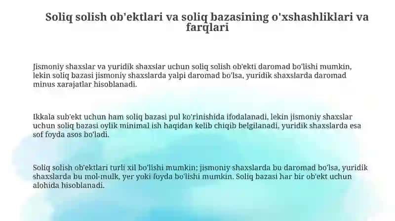 Yuridik va jismoniy shaxslarni soliqqa tortishning o'ziga xos o'xshashlik va farqli jihatlari 3