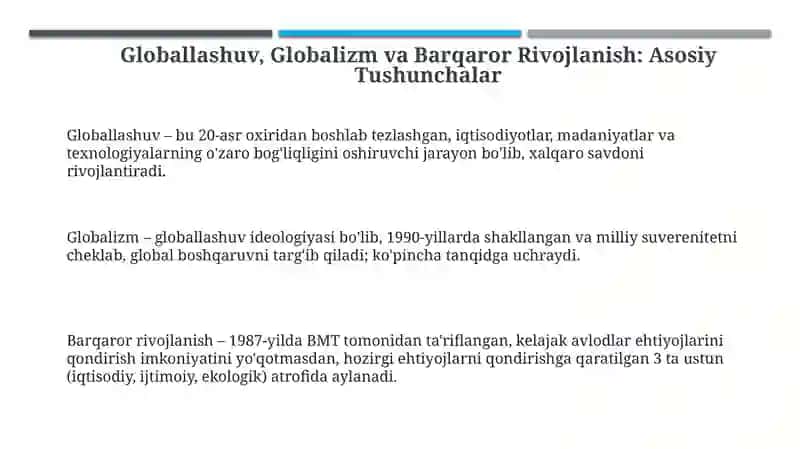 Globallashuv, Globalizm va Barqaror Rivojlanish: Asosiy Tushunchalar 3