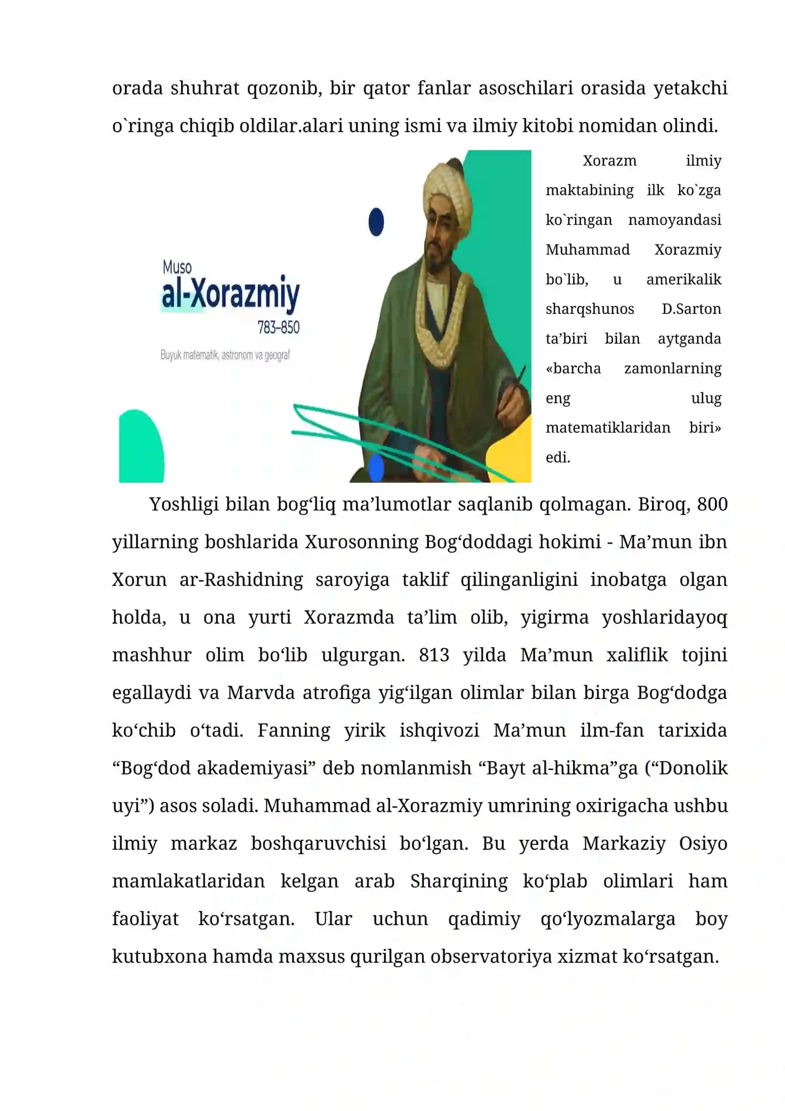 Abu Jaʼfar (Abu Abdulloh) Muhammad ibn Muso al Xorazmiy hayoti va ijodi haqida 3