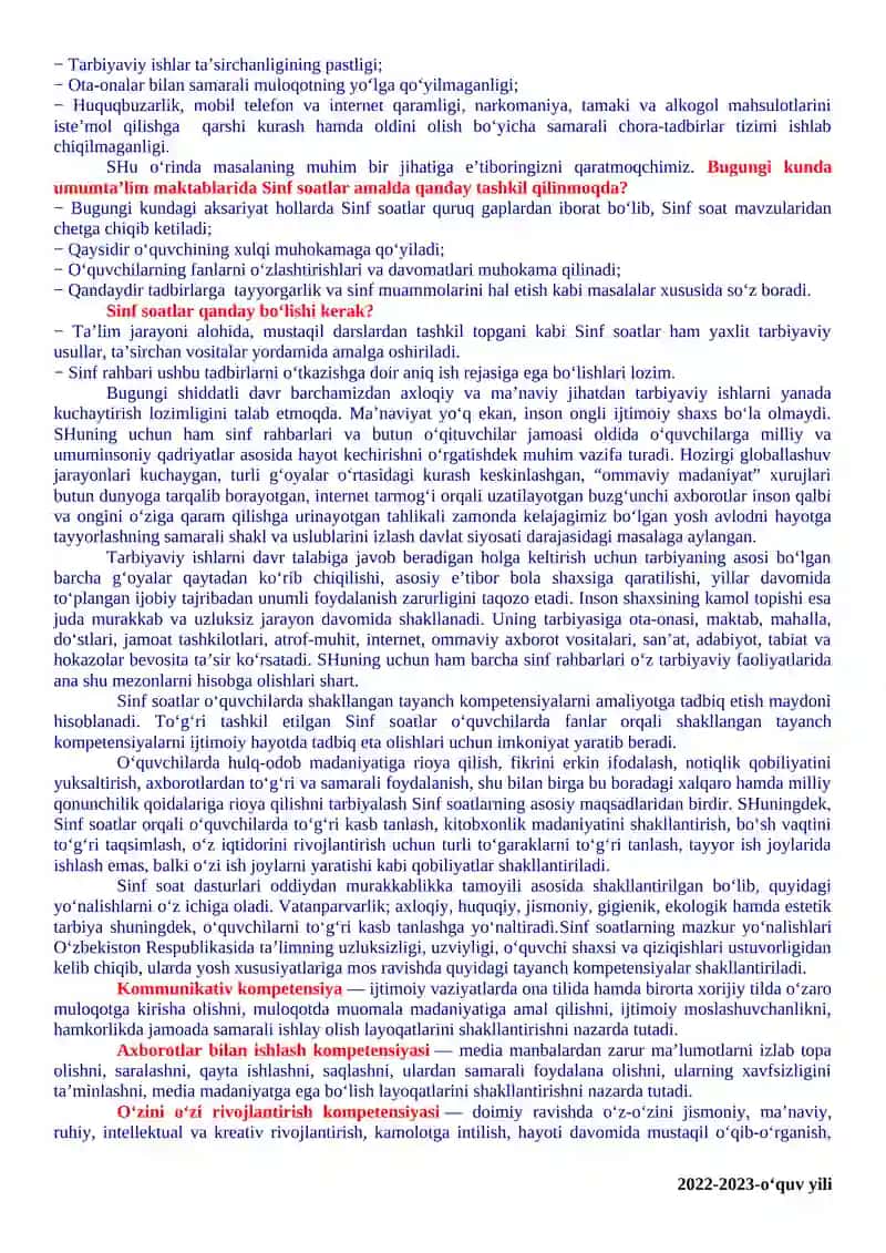 1-sinflar uchun Sinf soati Yillik ish reja va ishlanmalari 3